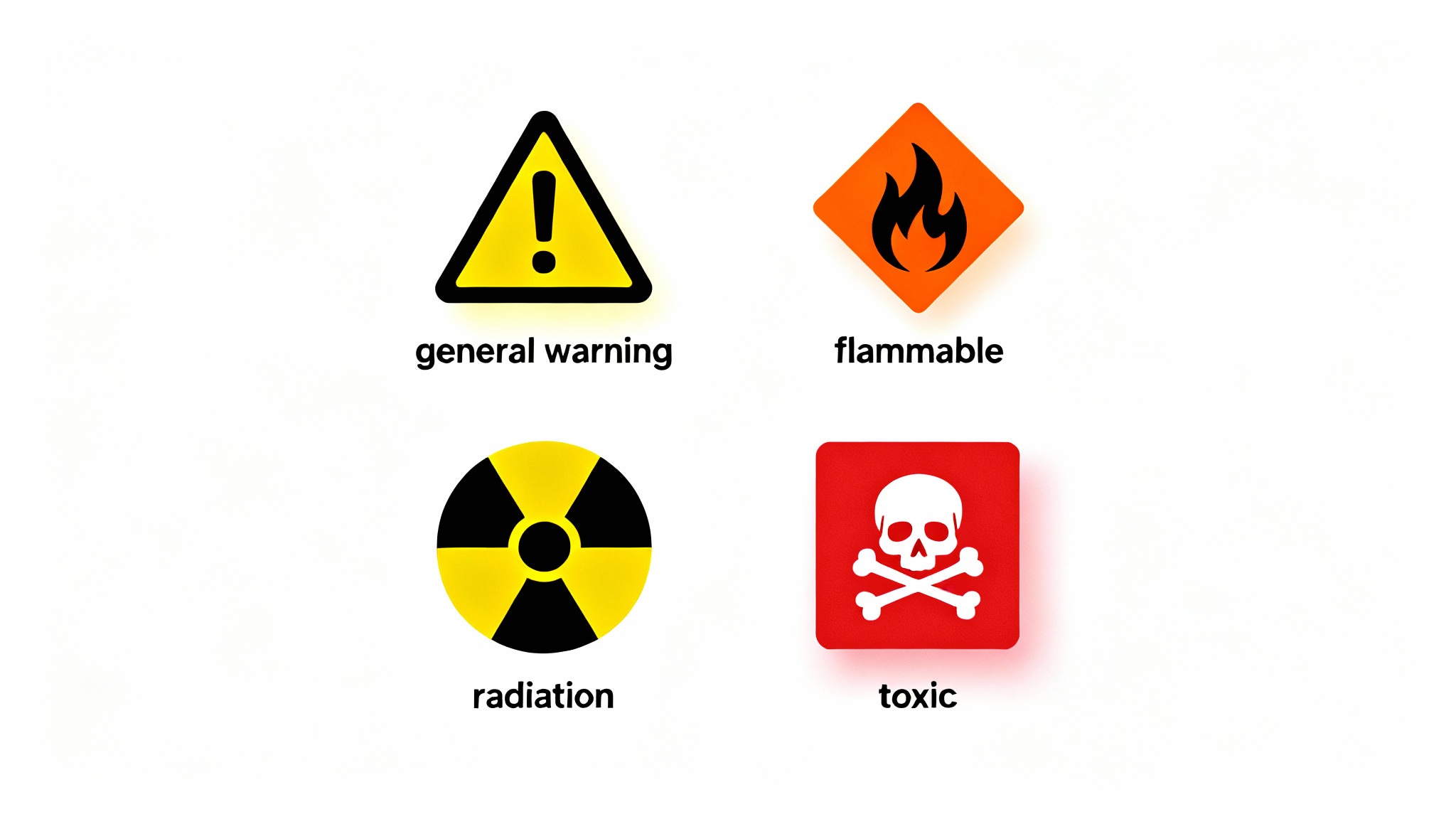 A set of modern hazard icons, including symbols for warning, flammable, radiation, and toxic, displayed in a neat grid on a white background.