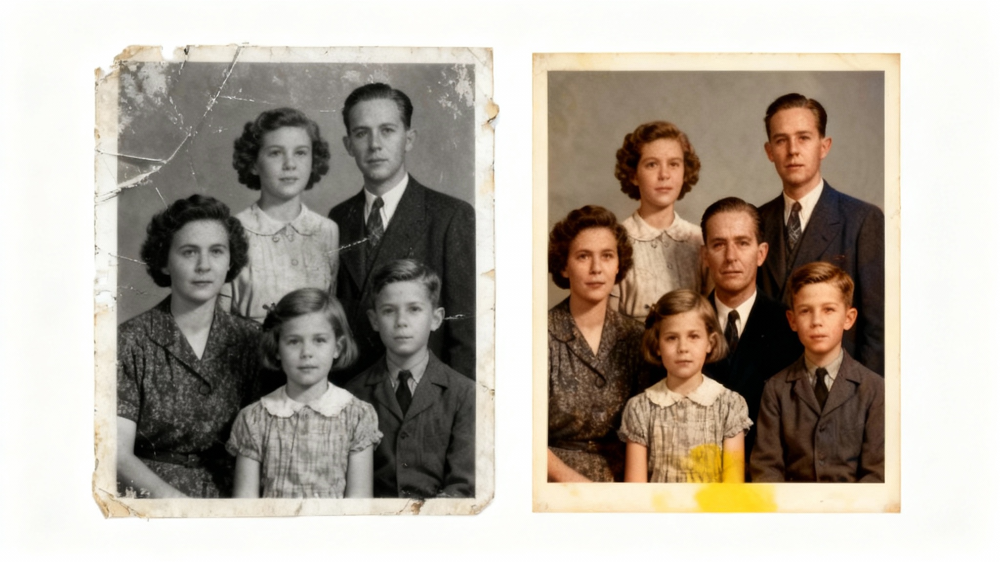 A before-and-after comparison of a restored photograph. The left side shows a damaged black-and-white family photo, and the right side shows the same photo perfectly restored in vibrant color and sharp detail.
