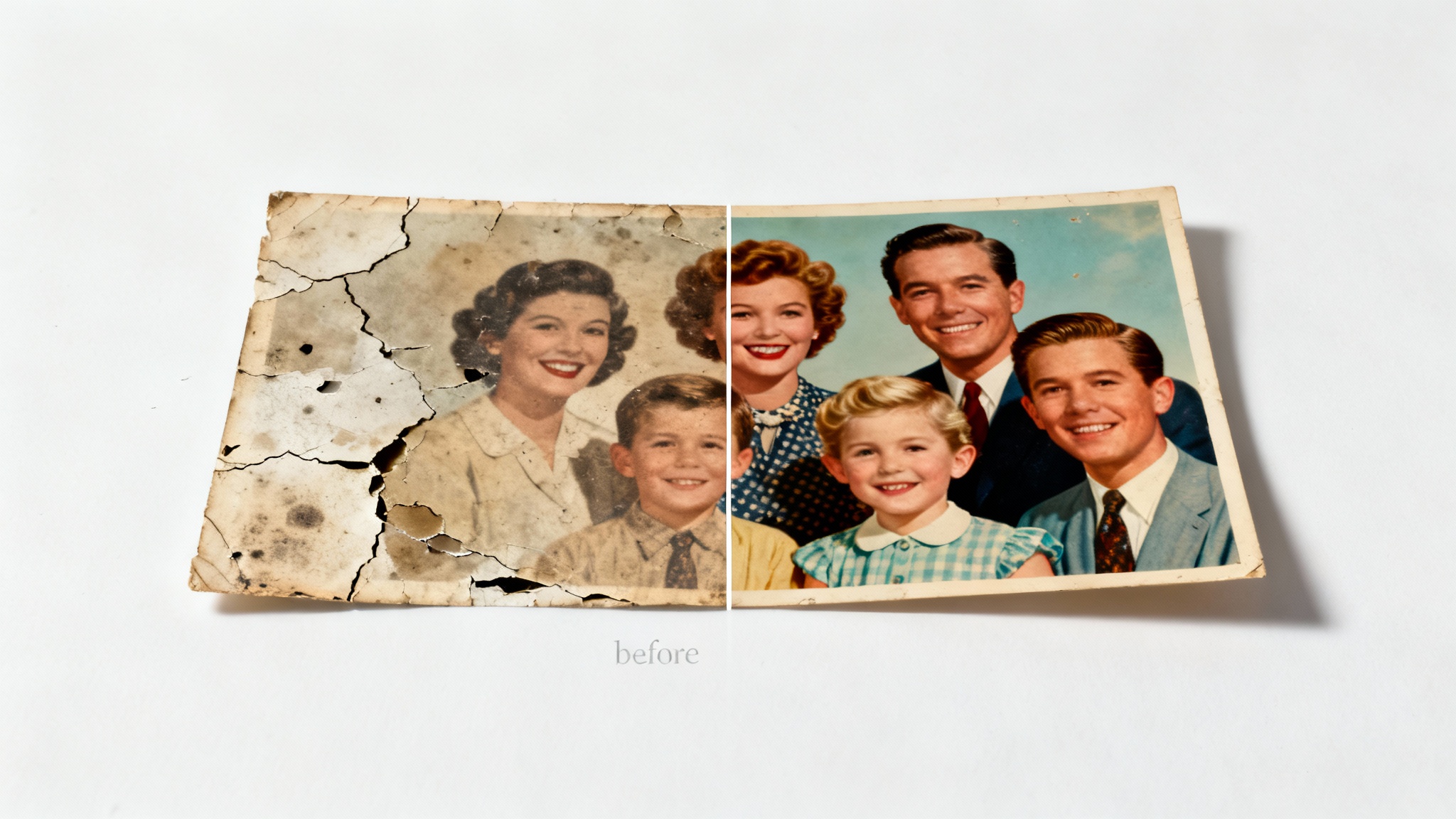 A vintage photograph split in half, demonstrating the effects of photo restoration. The left side is old, torn, and faded, while the right side is clear, vibrant, and fully restored.