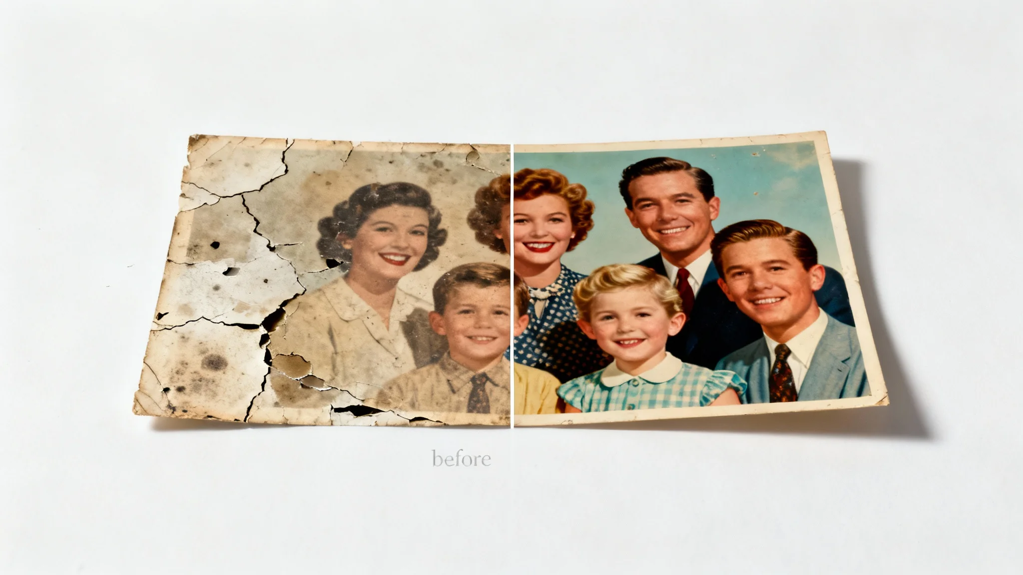 A vintage photograph split in half, demonstrating the effects of photo restoration. The left side is old, torn, and faded, while the right side is clear, vibrant, and fully restored.