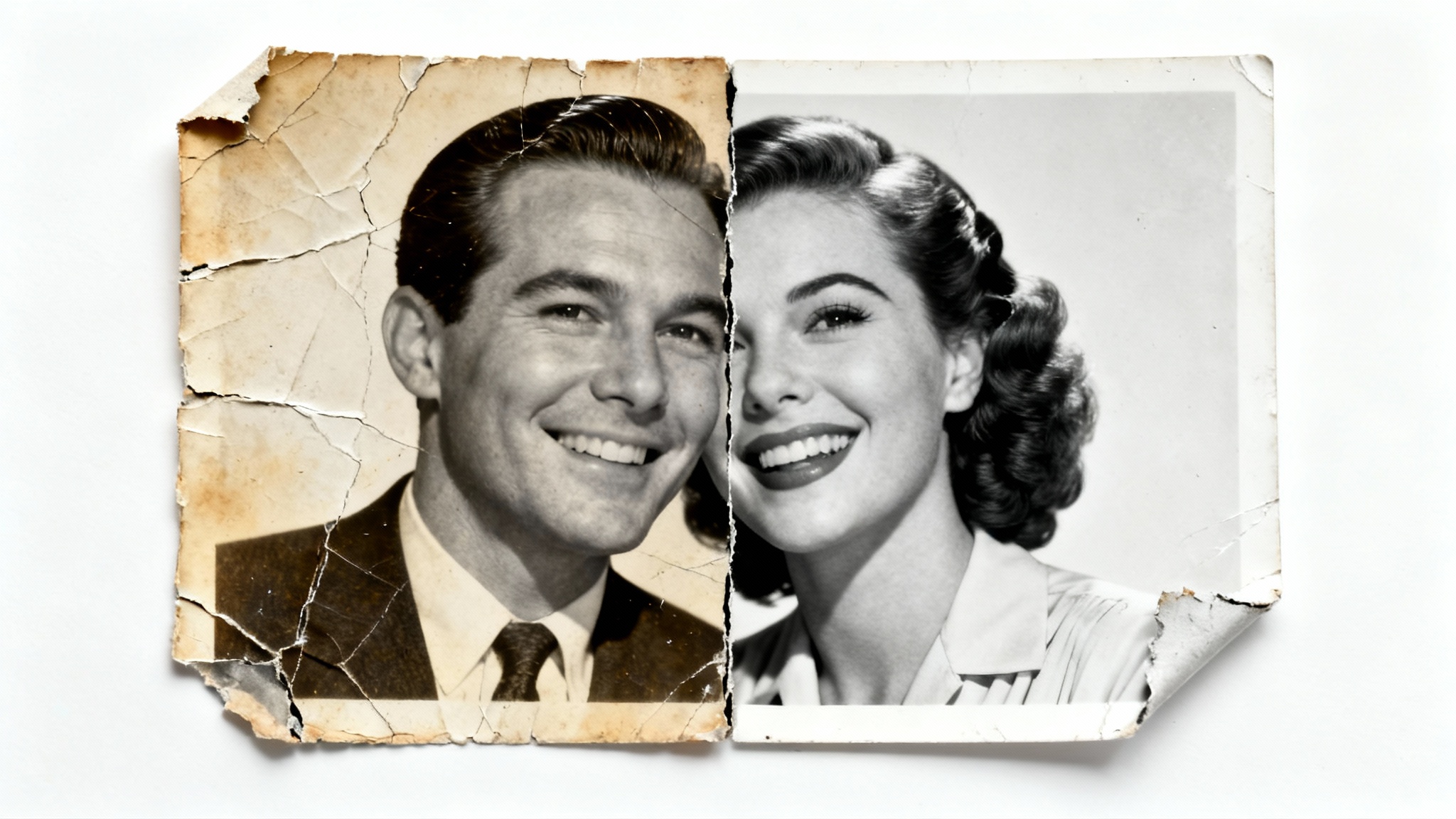 A before-and-after view of a vintage photograph being restored. The left side is torn and faded, while the right side is perfectly clear, repaired, and in black and white.