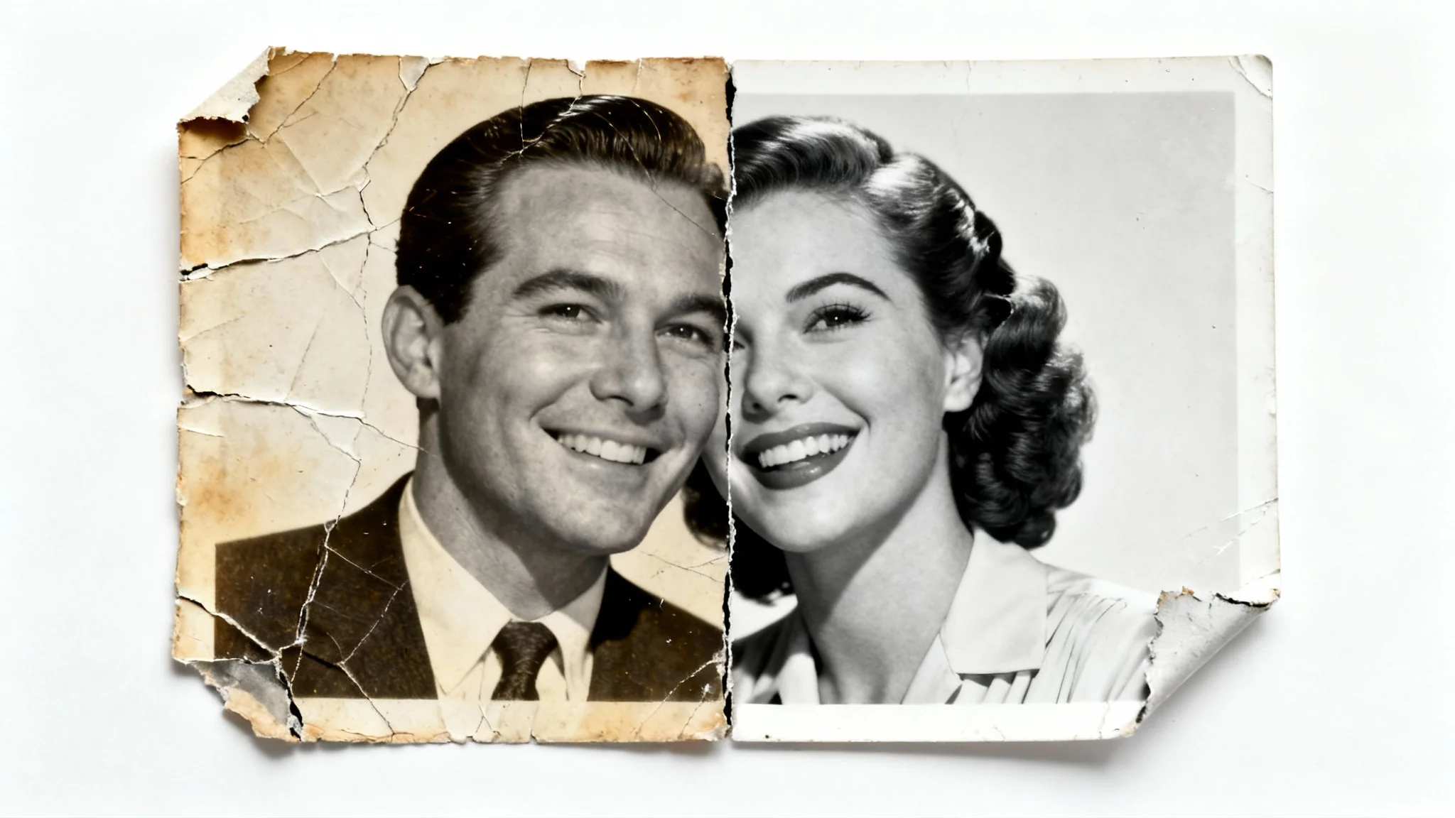 A before-and-after view of a vintage photograph being restored. The left side is torn and faded, while the right side is perfectly clear, repaired, and in black and white.