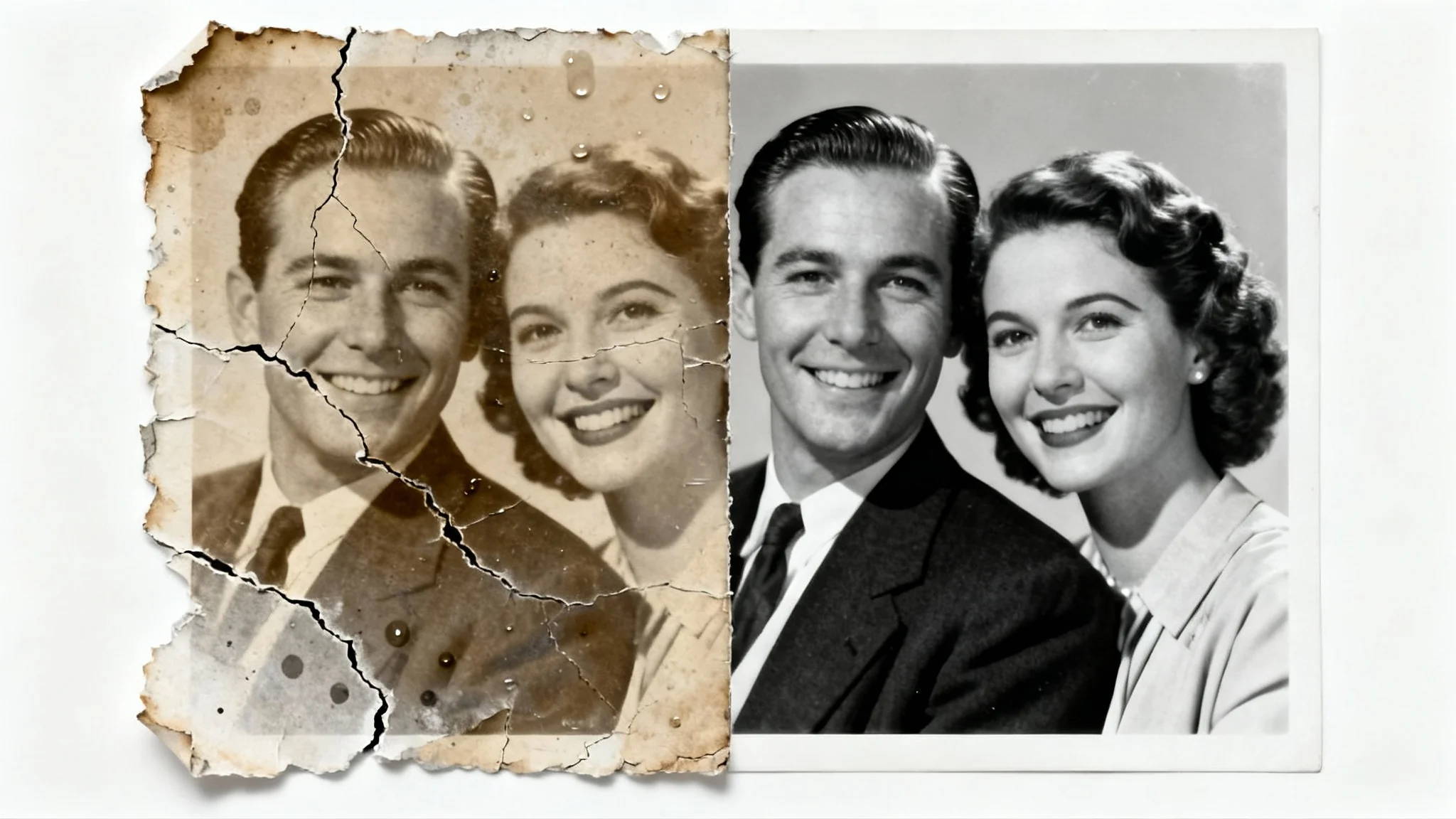 A split image demonstrating photo restoration. The left half shows an old, cracked, and faded sepia photograph, while the right half shows the same photo perfectly restored and crisp.