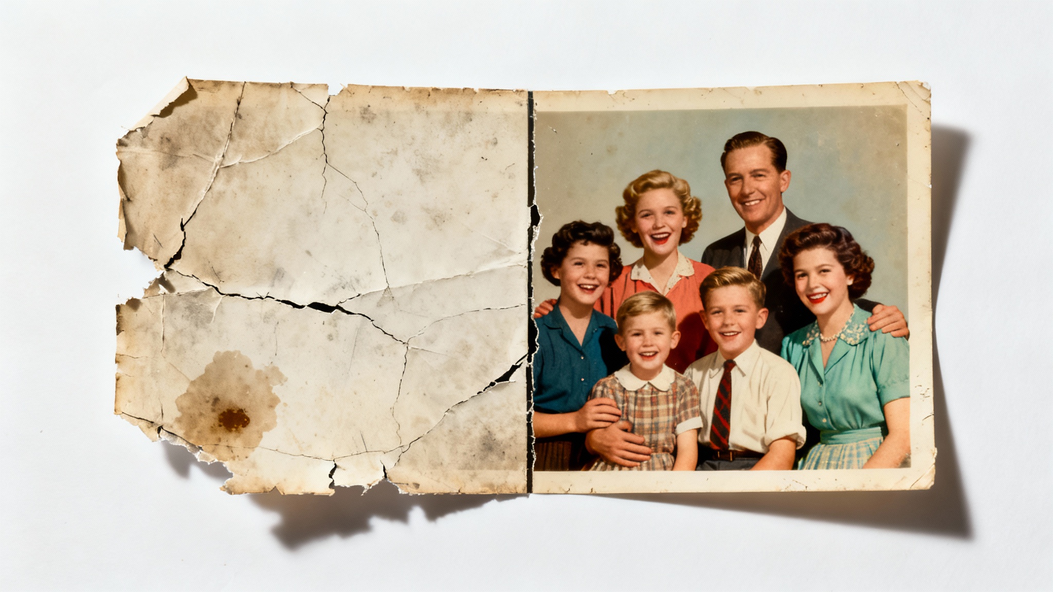 A before-and-after image of a restored vintage family photograph. The left half is old, torn, and faded, while the right half is perfectly restored with vibrant colors and sharp detail, on a white background.