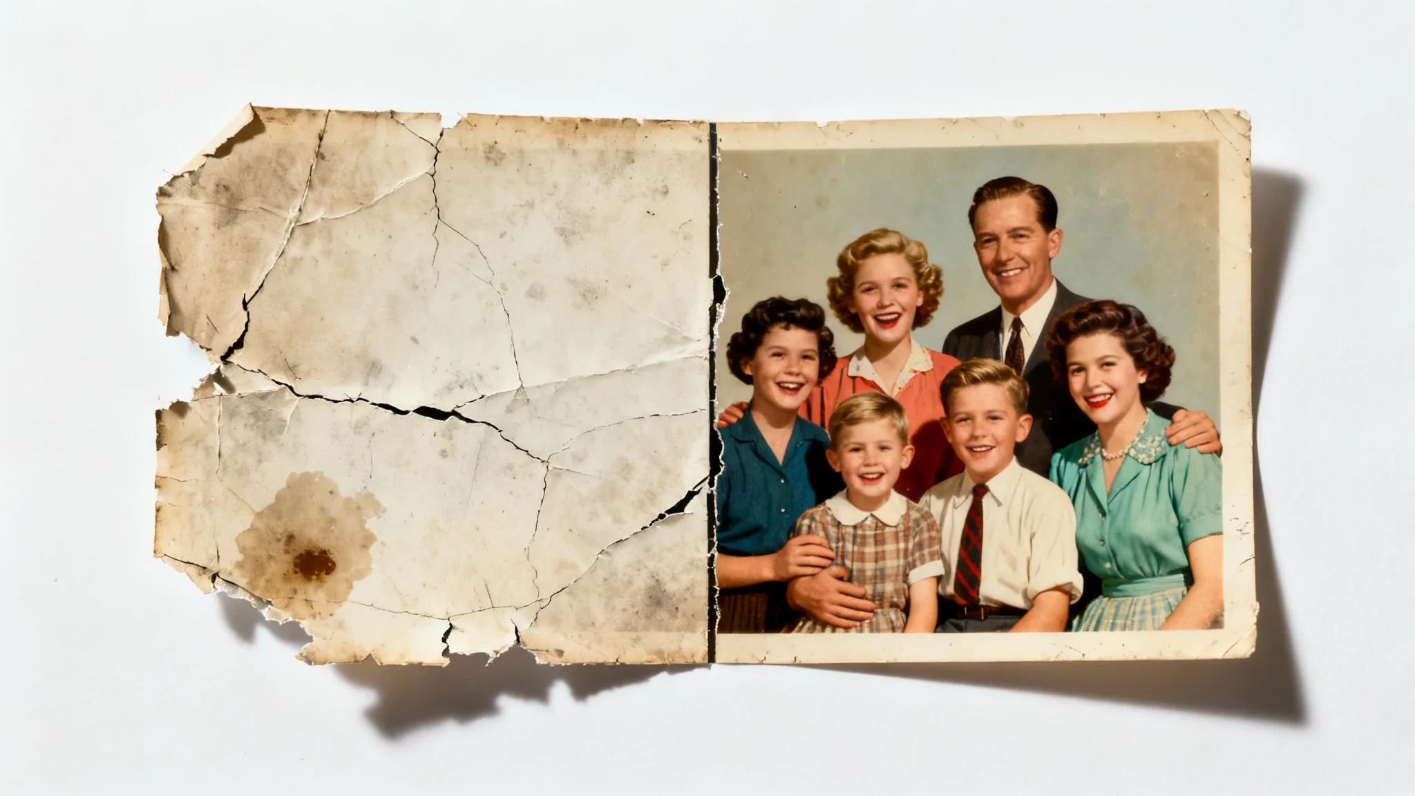 A before-and-after image of a restored vintage family photograph. The left half is old, torn, and faded, while the right half is perfectly restored with vibrant colors and sharp detail, on a white background.