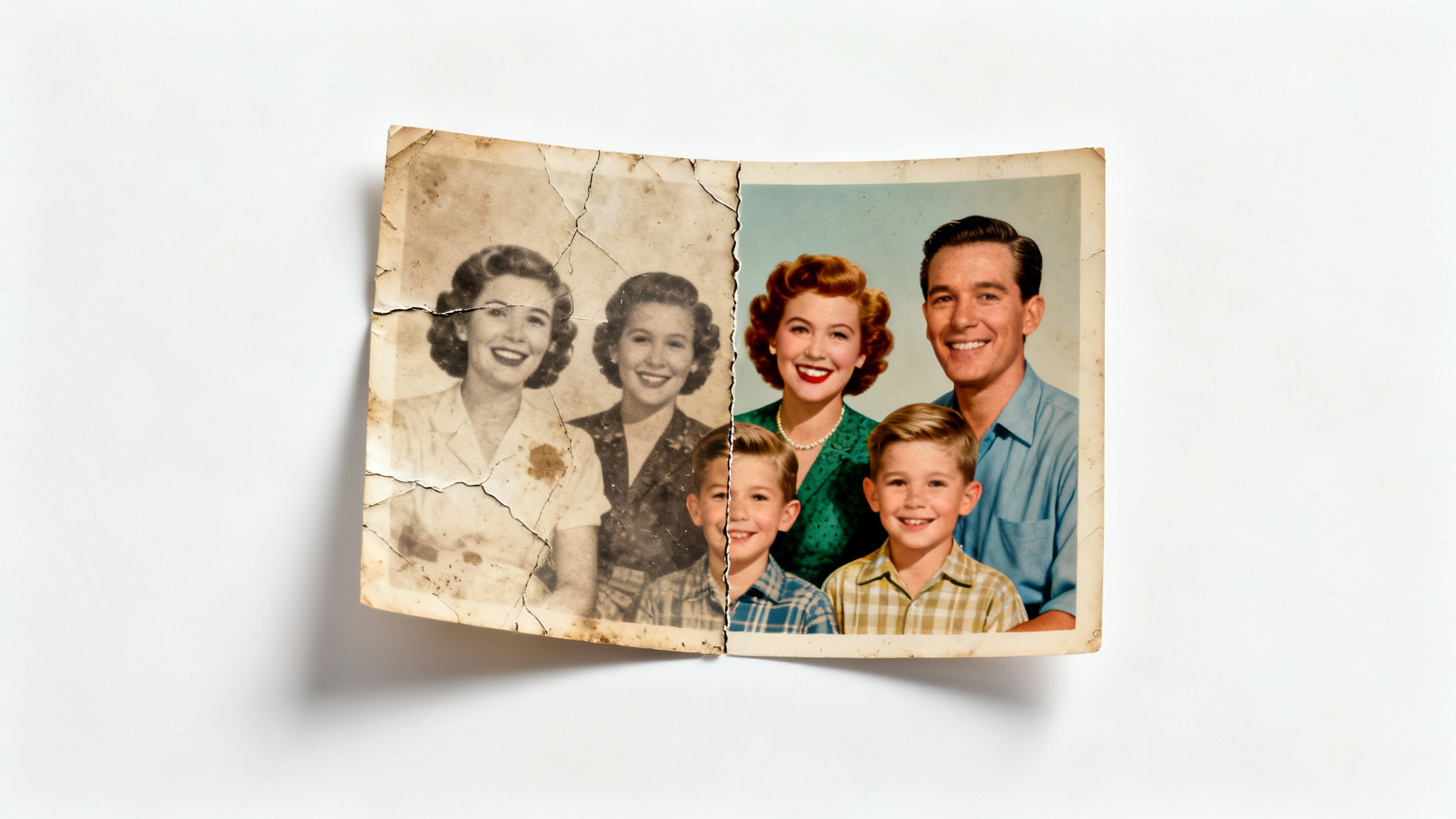 A vintage family photograph split in half, demonstrating photo restoration. The left side is old, damaged, and faded, while the right side is vibrant, clear, and perfectly restored, set against a white background.