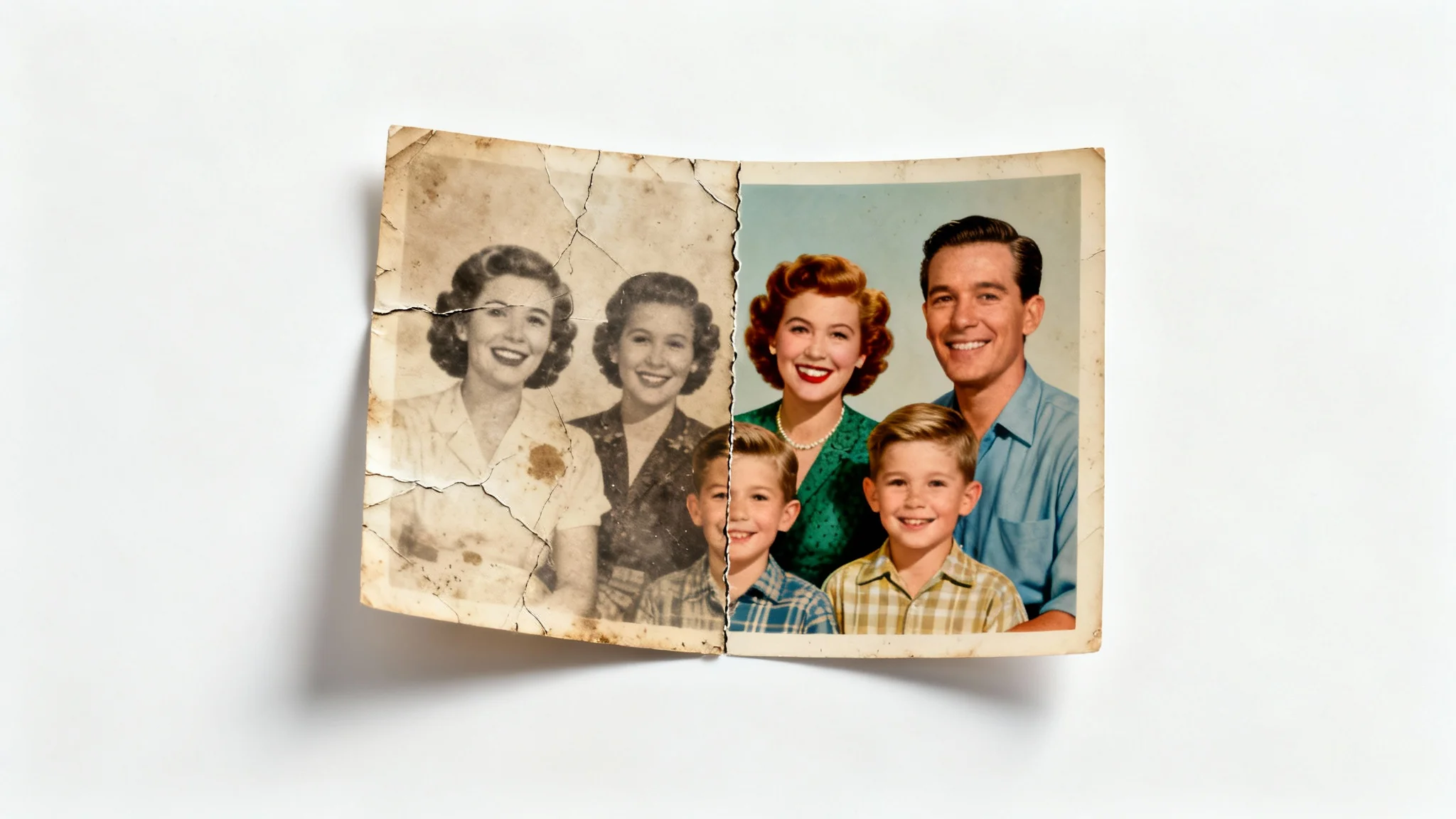 A vintage family photograph split in half, demonstrating photo restoration. The left side is old, damaged, and faded, while the right side is vibrant, clear, and perfectly restored, set against a white background.