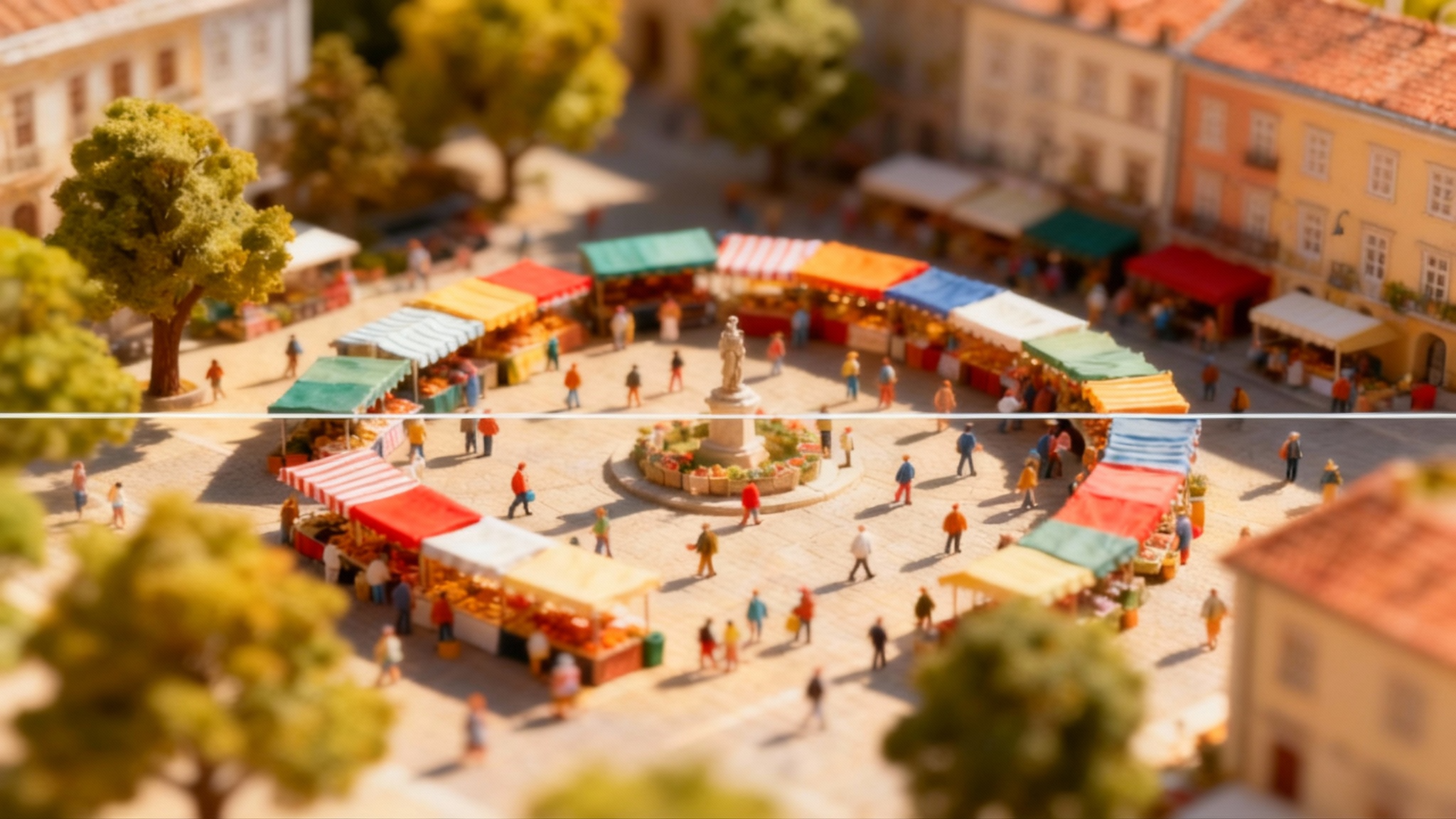 An aerial photograph of a bustling city market square enhanced with a dramatic tilt-shift effect, making the scene of people and colorful stalls appear like a miniature diorama.