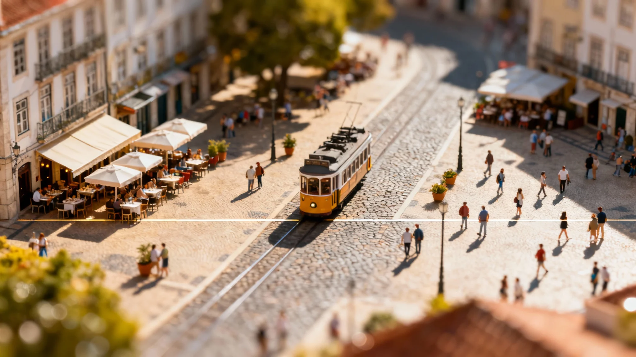 A high-angle photo of a bustling town square using a tilt-shift effect, making the scene of people and a tram look like a miniature model.