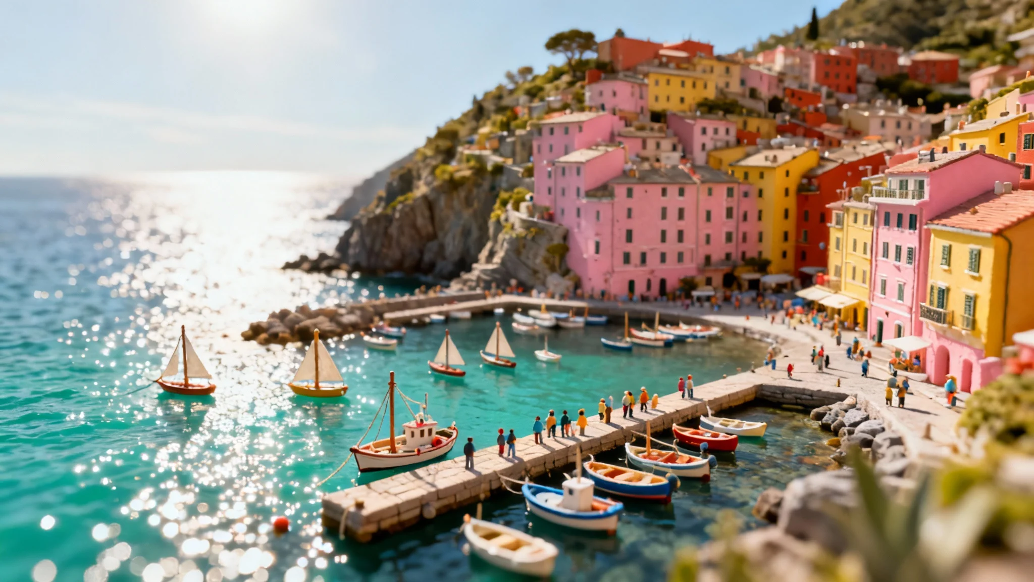 A high-angle photo of a colorful coastal town, with a tilt-shift effect applied to make it look like a miniature model. A small harbor with boats is in sharp focus, while the rest of the image is blurred.