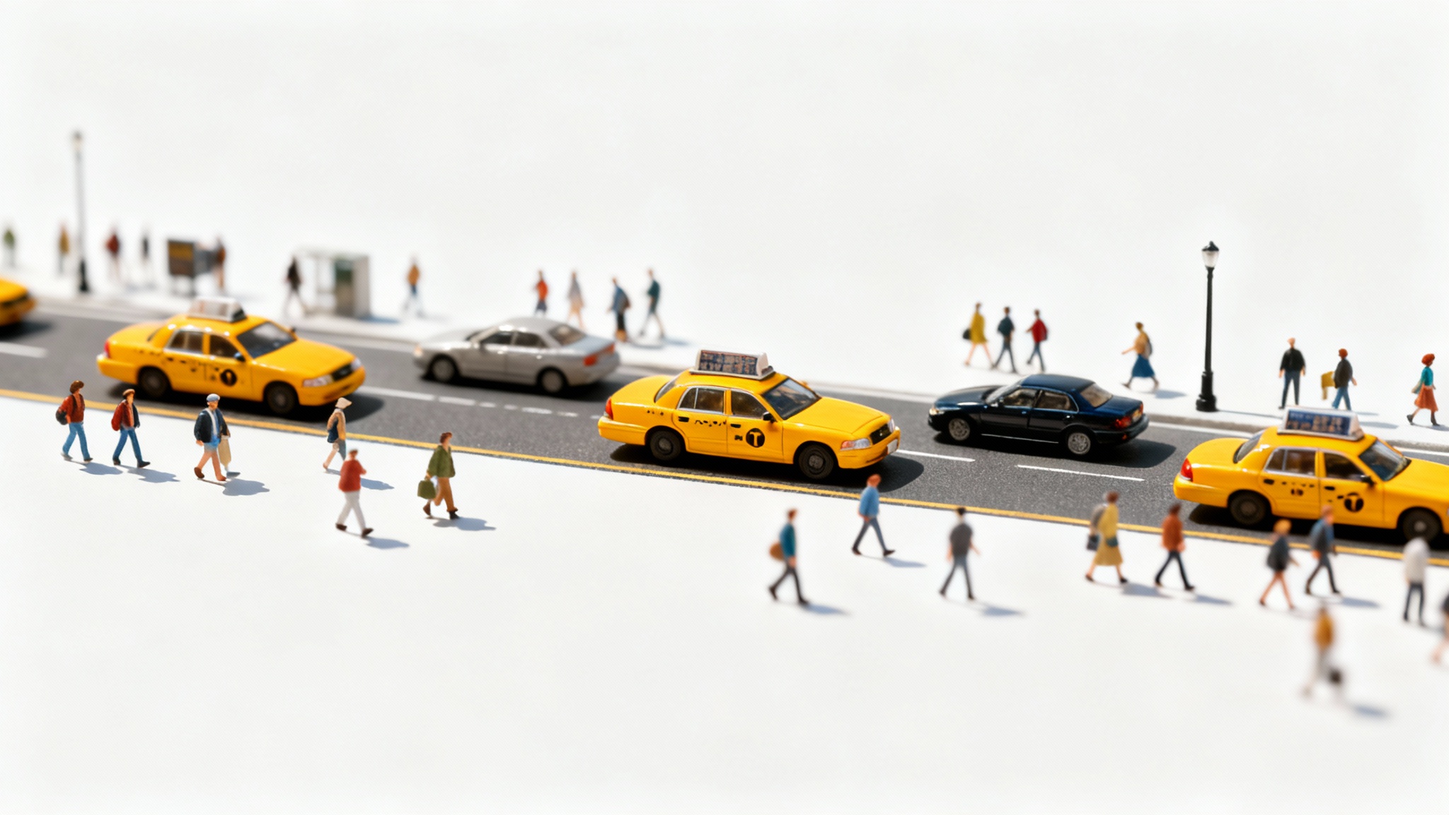 A high-angle photo of a bustling city street using a tilt-shift effect, which makes the cars and people below look like miniature toys in a detailed model set.