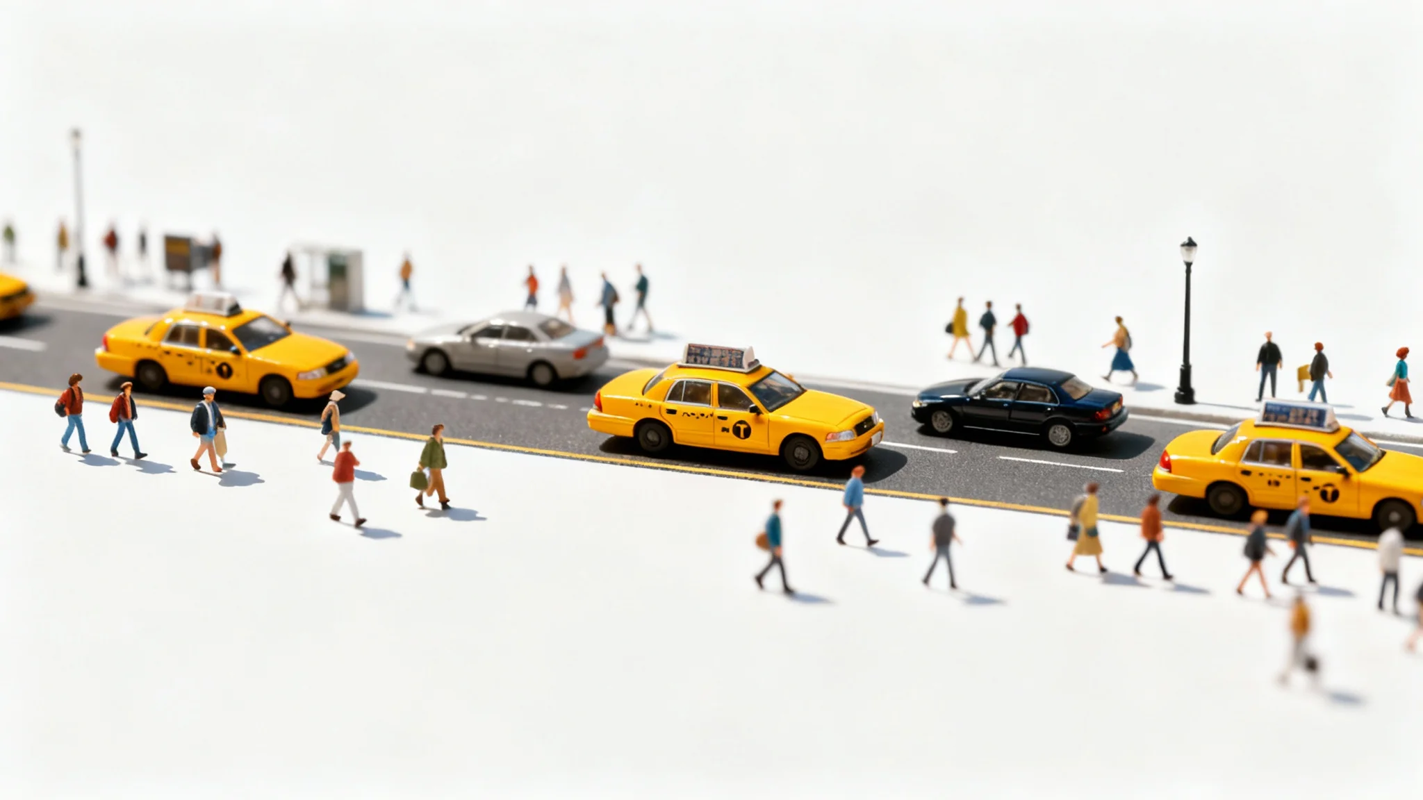 A high-angle photo of a bustling city street using a tilt-shift effect, which makes the cars and people below look like miniature toys in a detailed model set.