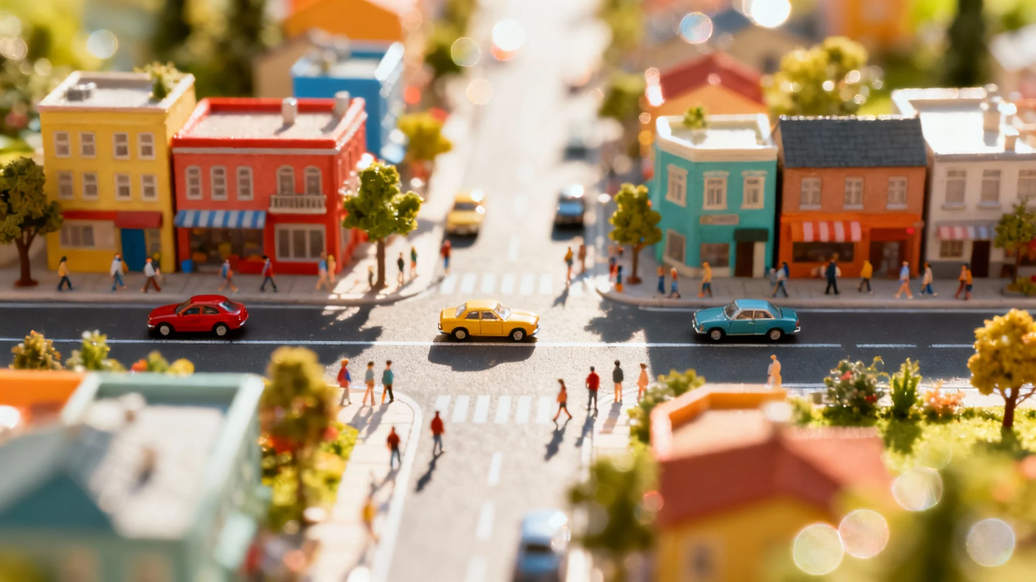 A high-angle photograph of a city made to look like a miniature model using a tilt-shift effect, with a sharp band of focus on the busy streets and heavy blur in the foreground and background.