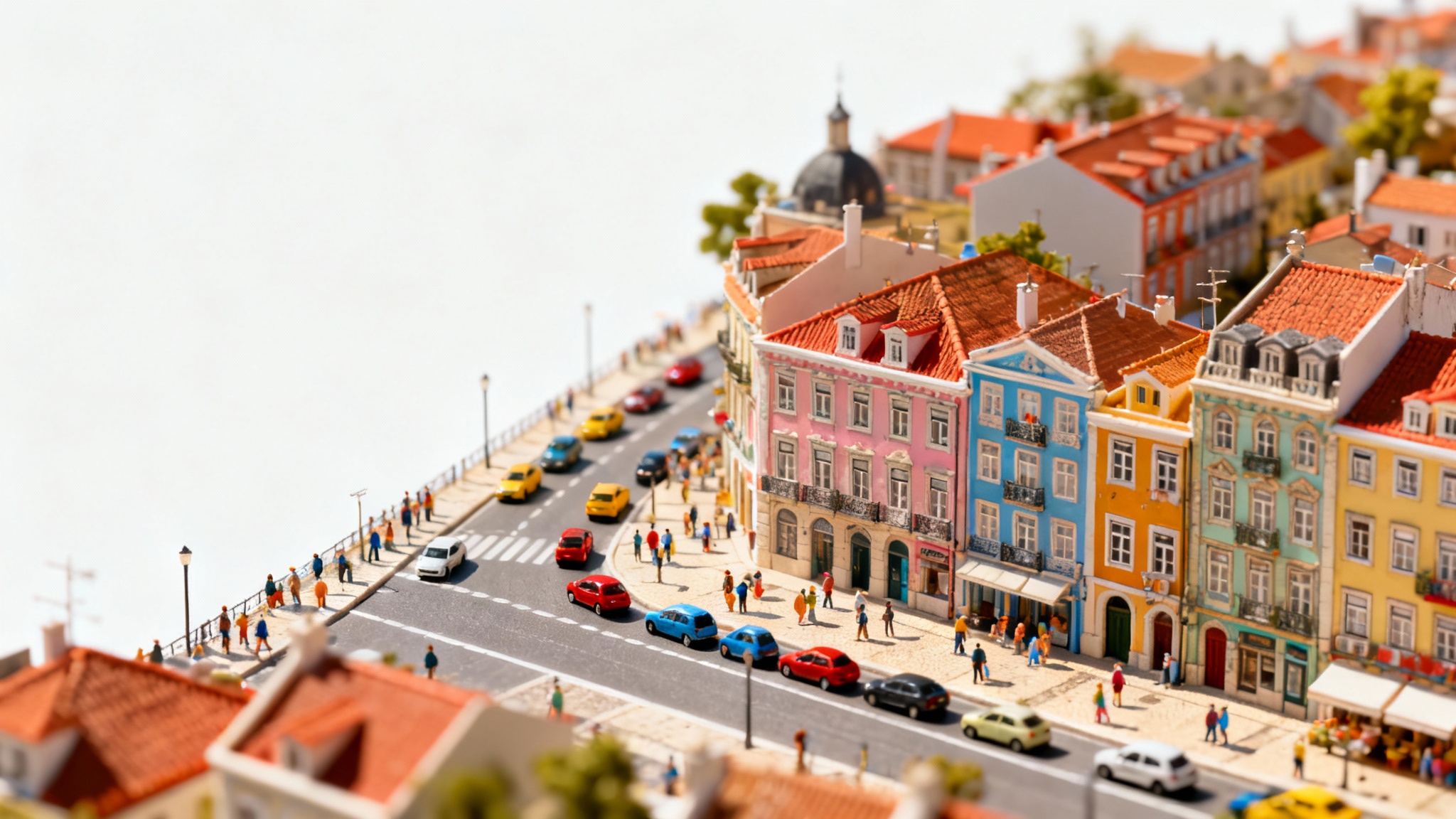 A high-angle photograph of a bustling city scene with a tilt-shift effect applied, making the cars, people, and buildings look like a miniature toy set.