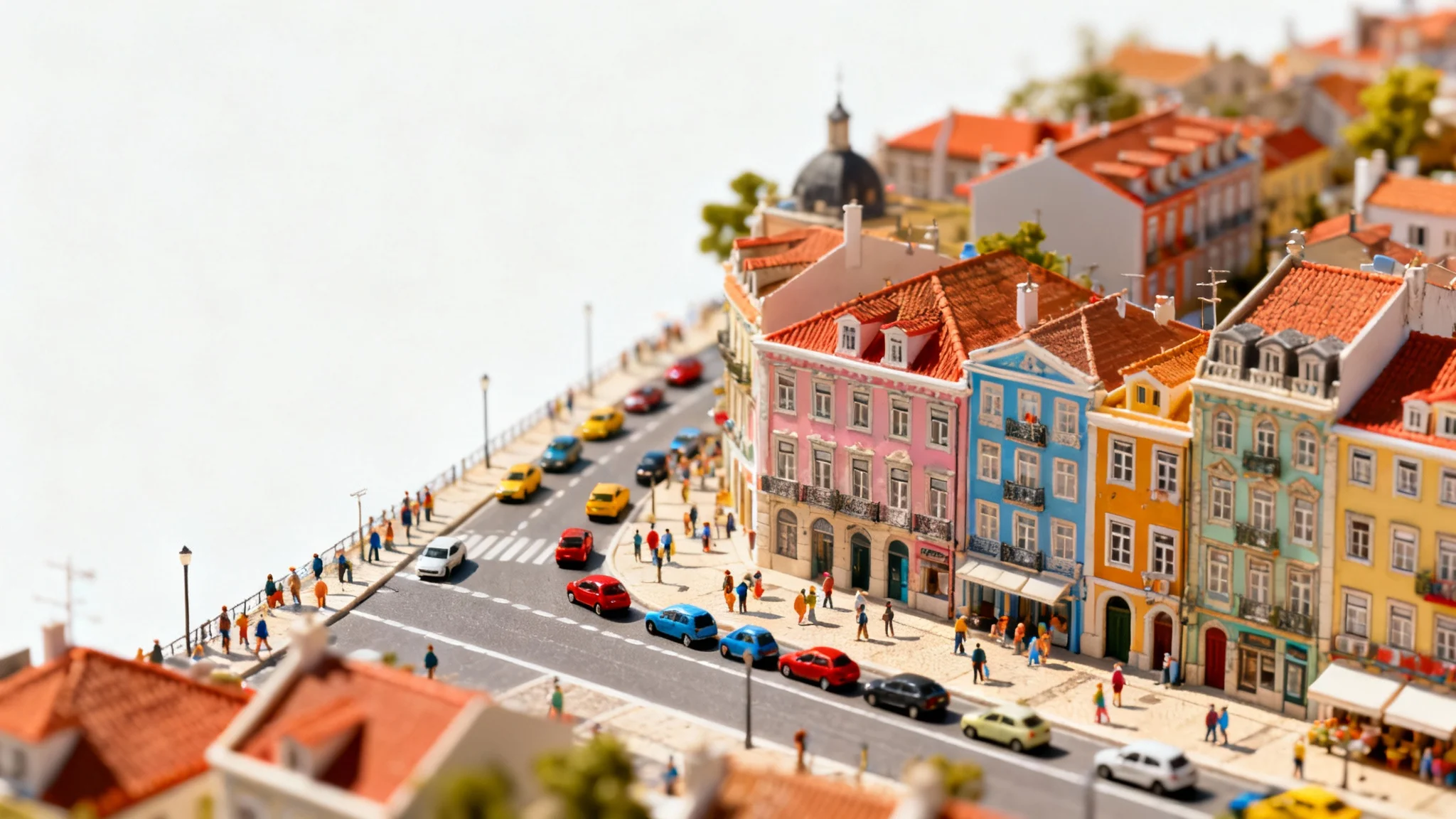 A high-angle photograph of a bustling city scene with a tilt-shift effect applied, making the cars, people, and buildings look like a miniature toy set.