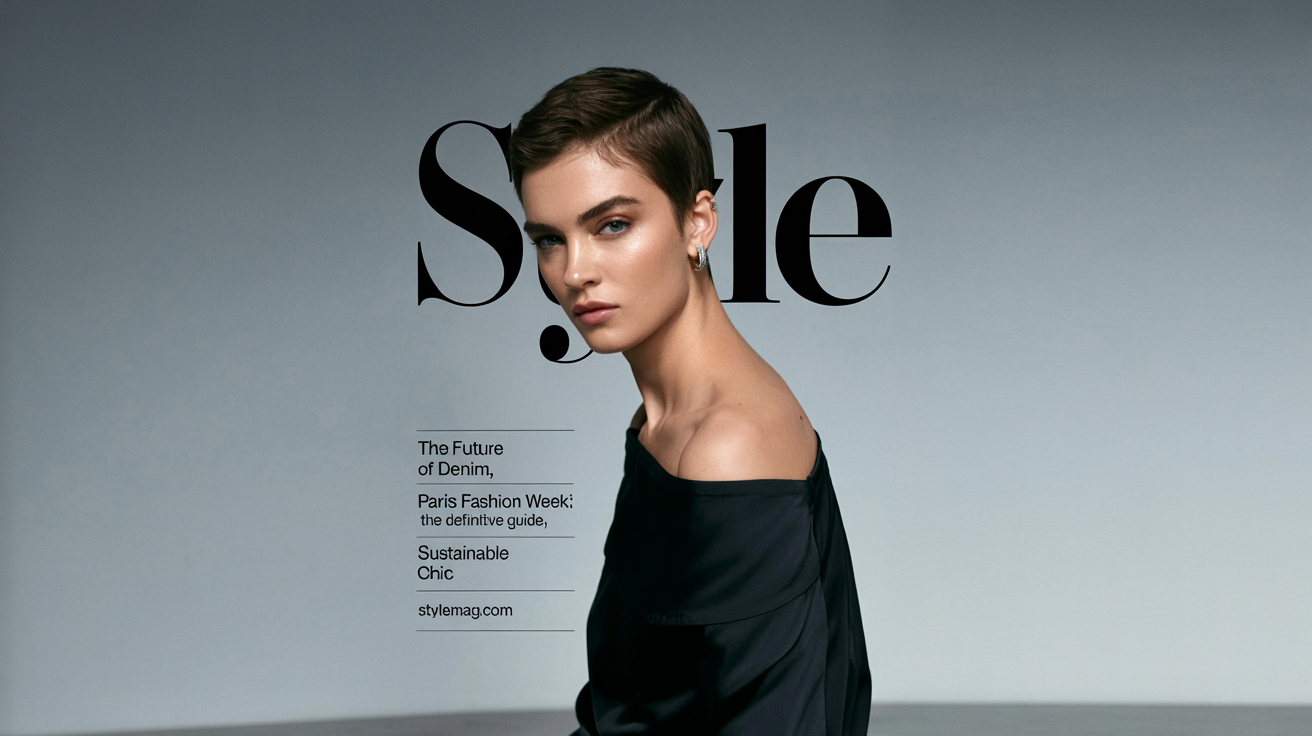 A professionally designed fashion magazine cover titled 'STYLE' in a large, elegant font. It features a close-up portrait of a model, with the title artfully arranged around her head. Smaller text headlines are visible on the side against a clean background.