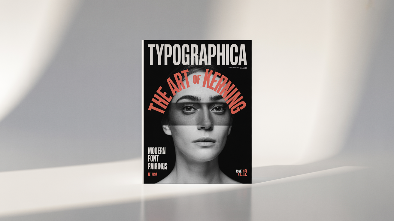 A mockup of a modern design magazine cover titled 'TYPOGRAPHICA', showcasing creative typography with bold headlines over a black and white portrait, all on a crisp white background.