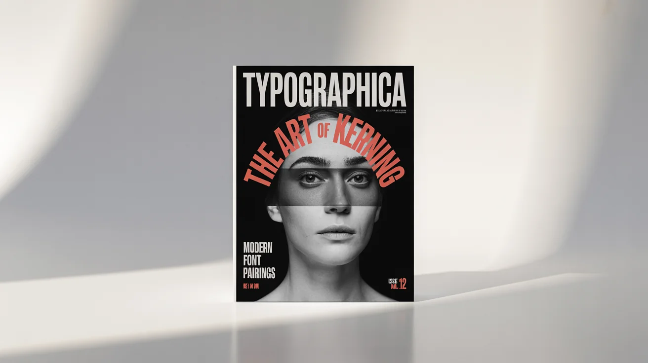 A mockup of a modern design magazine cover titled 'TYPOGRAPHICA', showcasing creative typography with bold headlines over a black and white portrait, all on a crisp white background.