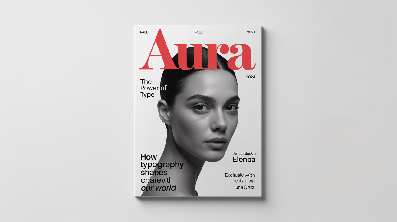 A mockup of a modern fashion magazine cover titled 'AURA', showcasing bold and elegant typography with various headlines, set against a clean white background.