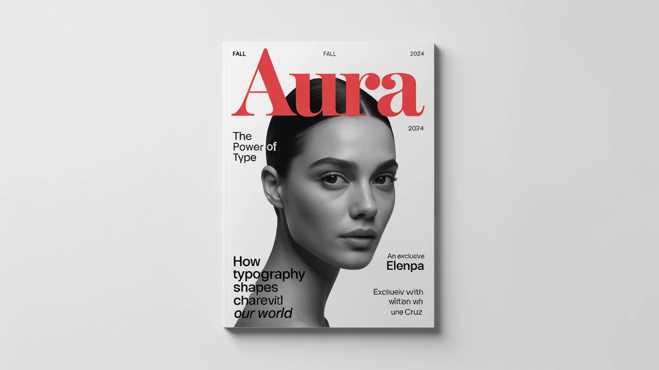 A mockup of a modern fashion magazine cover titled 'AURA', showcasing bold and elegant typography with various headlines, set against a clean white background.
