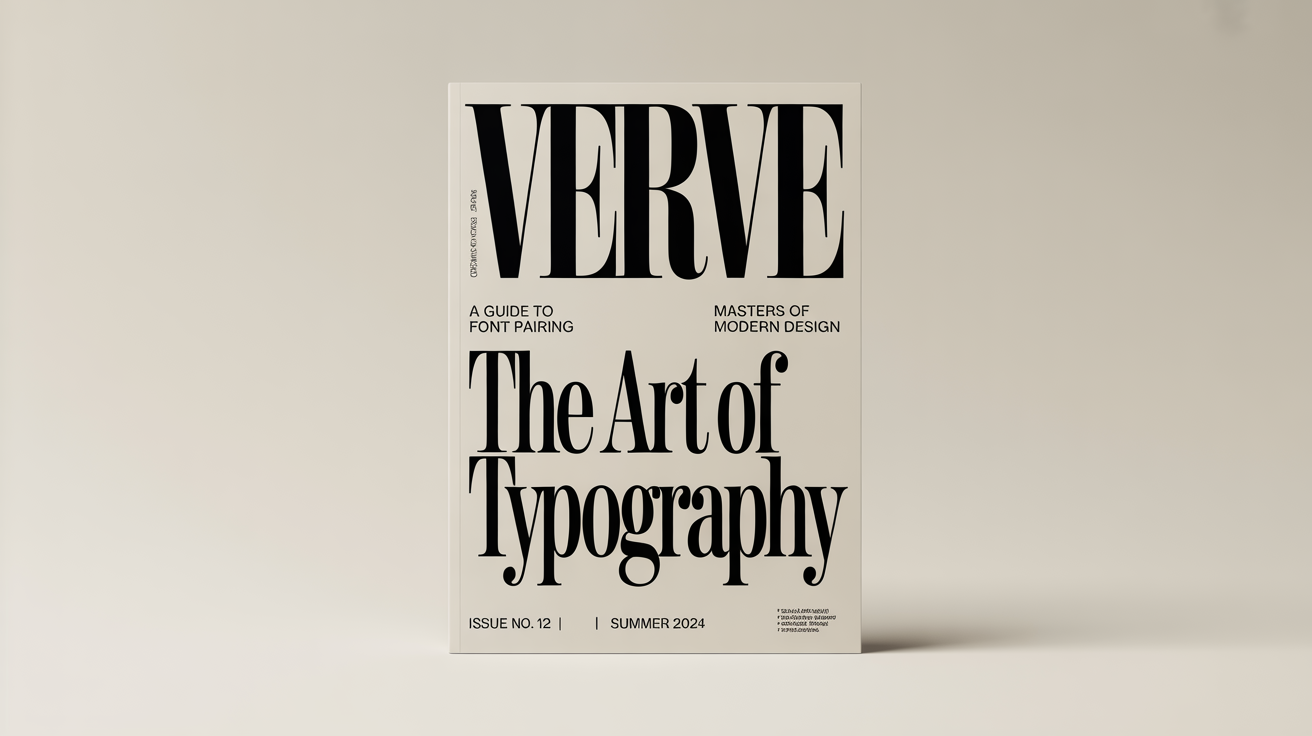 A photorealistic mockup of a modern magazine cover titled 'VERVE', focusing on typography with headlines like 'The Art of Typography' displayed in various elegant fonts against a plain background.