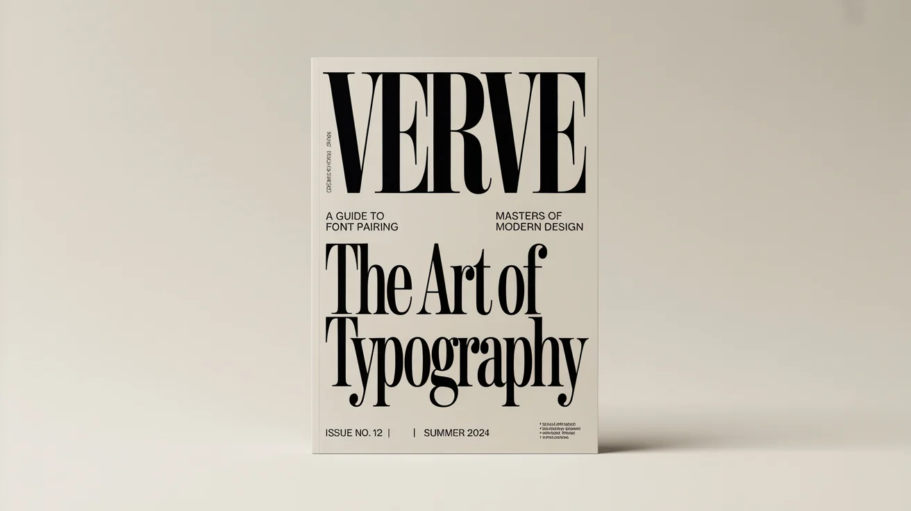 A photorealistic mockup of a modern magazine cover titled 'VERVE', focusing on typography with headlines like 'The Art of Typography' displayed in various elegant fonts against a plain background.