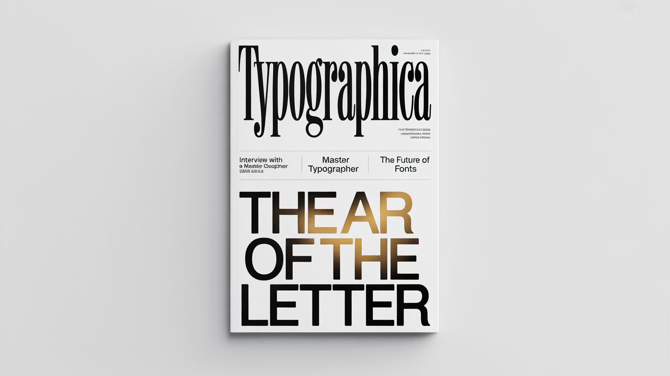 A mockup of a modern design magazine cover titled 'TYPOGRAPHICA', featuring bold black, white, and gold typography on a clean white background.