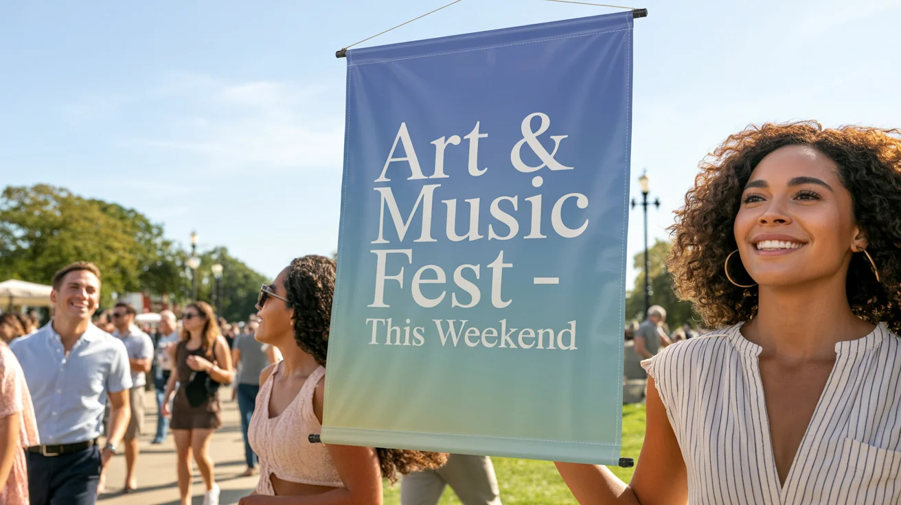 A professionally designed banner displayed at an outdoor festival, featuring the text 'Art & Music Fest - This Weekend' in a modern font. The background is softly blurred, making the banner the clear focus.