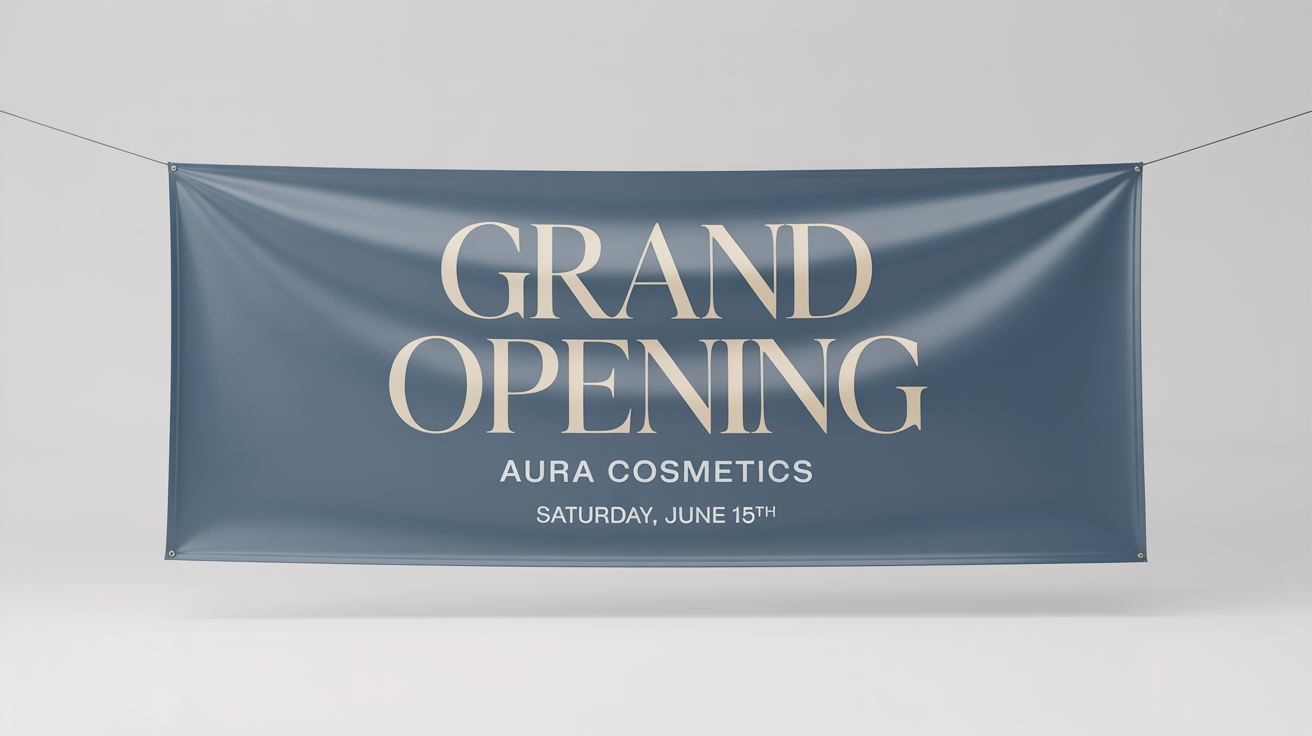 A professional dark blue banner mockup for a grand opening, with the text 'Grand Opening, AURA COSMETICS, Saturday, June 15th' in gold and white letters.