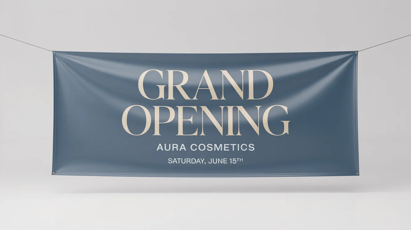 A professional dark blue banner mockup for a grand opening, with the text 'Grand Opening, AURA COSMETICS, Saturday, June 15th' in gold and white letters.