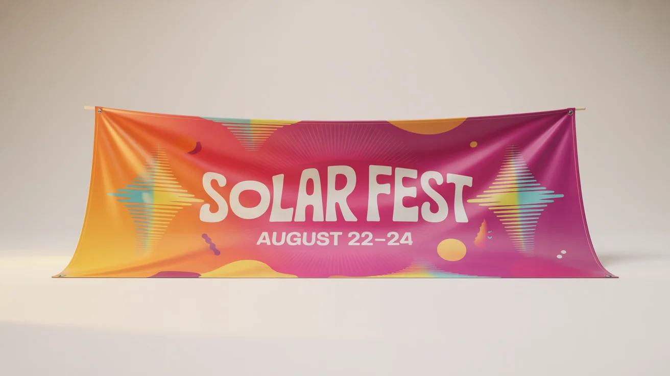 A mockup of a wide, rectangular banner for a music festival called 'SOLAR FEST' set against a plain white background. The banner has a sunset gradient and vibrant geometric designs.
