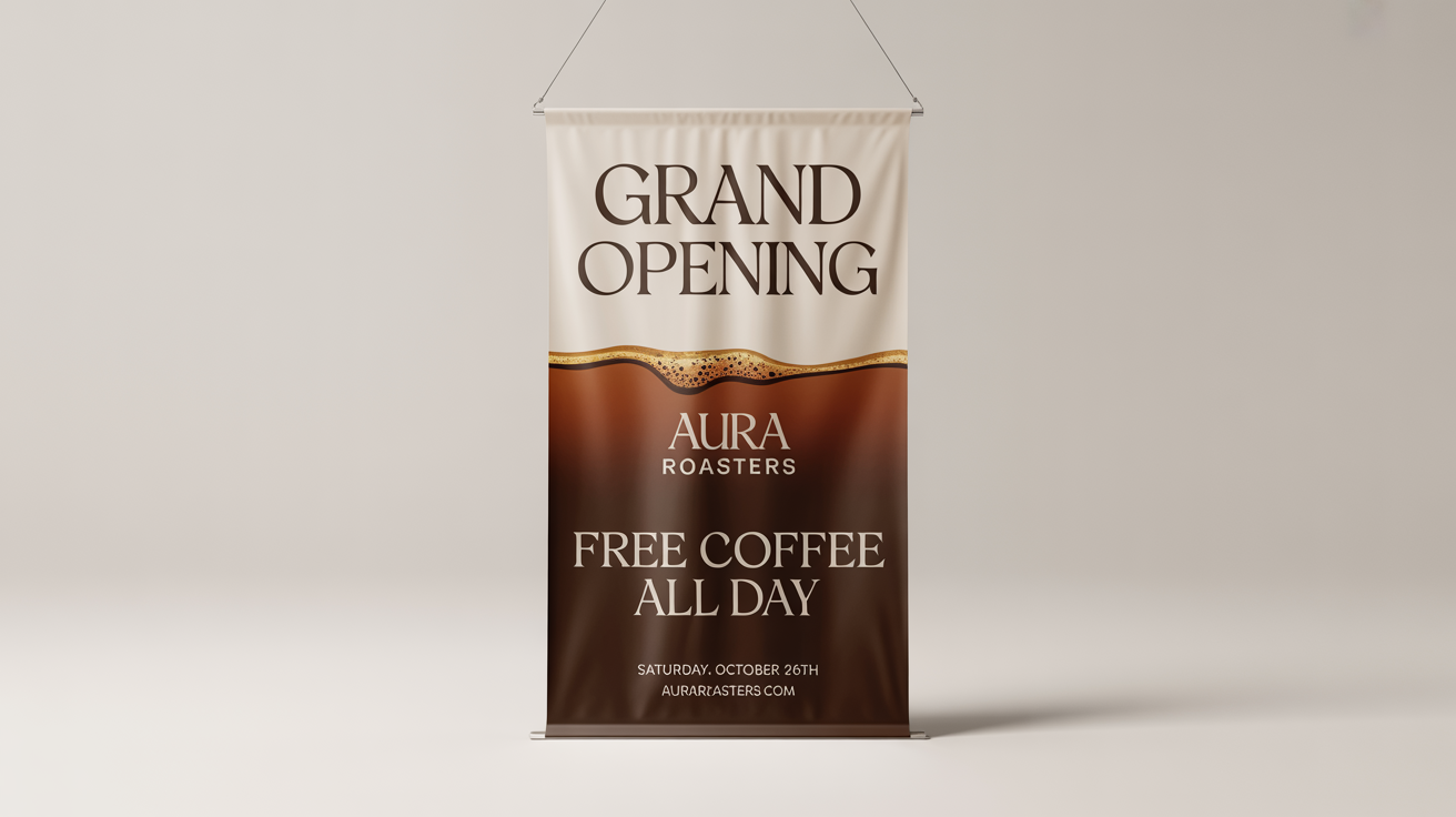 A professional banner for the 'AURA ROASTERS' grand opening, showcasing the text 'GRAND OPENING', 'FREE COFFEE ALL DAY', and the date.