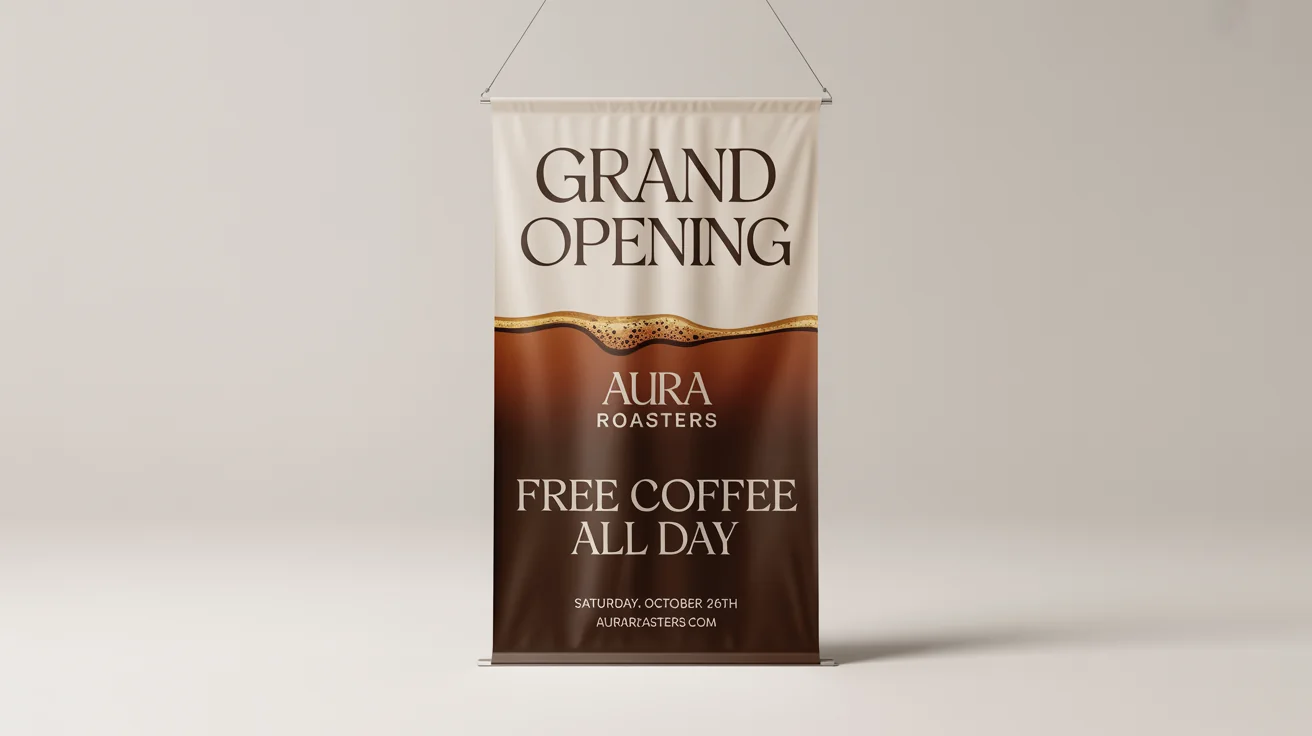 A professional banner for the 'AURA ROASTERS' grand opening, showcasing the text 'GRAND OPENING', 'FREE COFFEE ALL DAY', and the date.