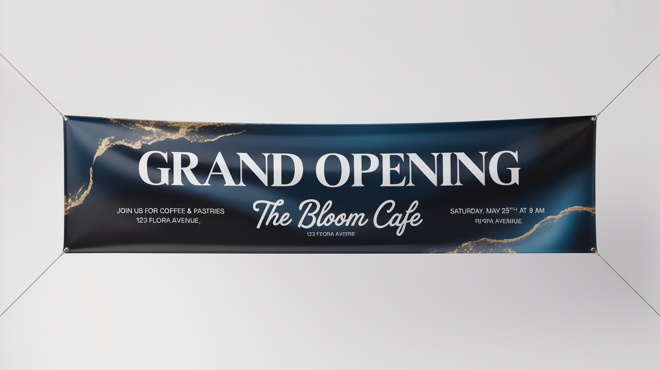 A professionally designed banner mockup for 'The Bloom Cafe' grand opening. The banner has a navy blue background, gold accents, and features the event title, date, and address in elegant white and script fonts.