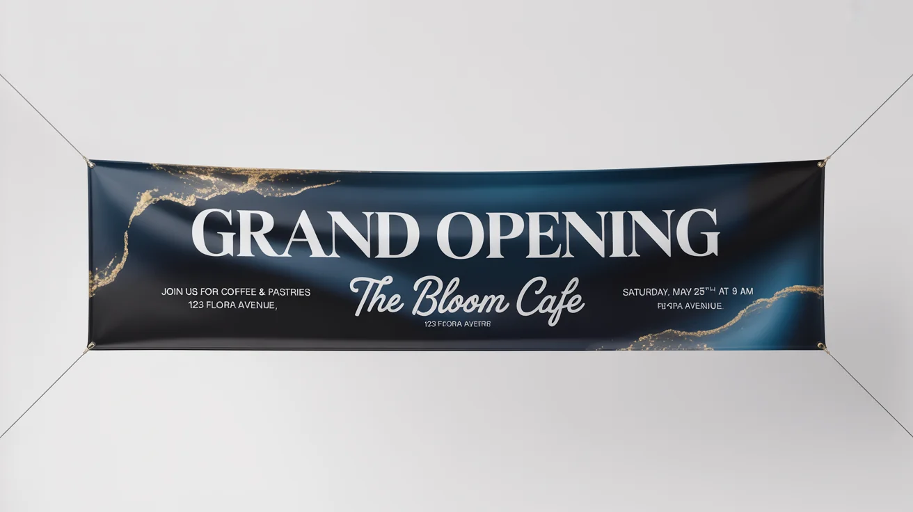 A professionally designed banner mockup for 'The Bloom Cafe' grand opening. The banner has a navy blue background, gold accents, and features the event title, date, and address in elegant white and script fonts.