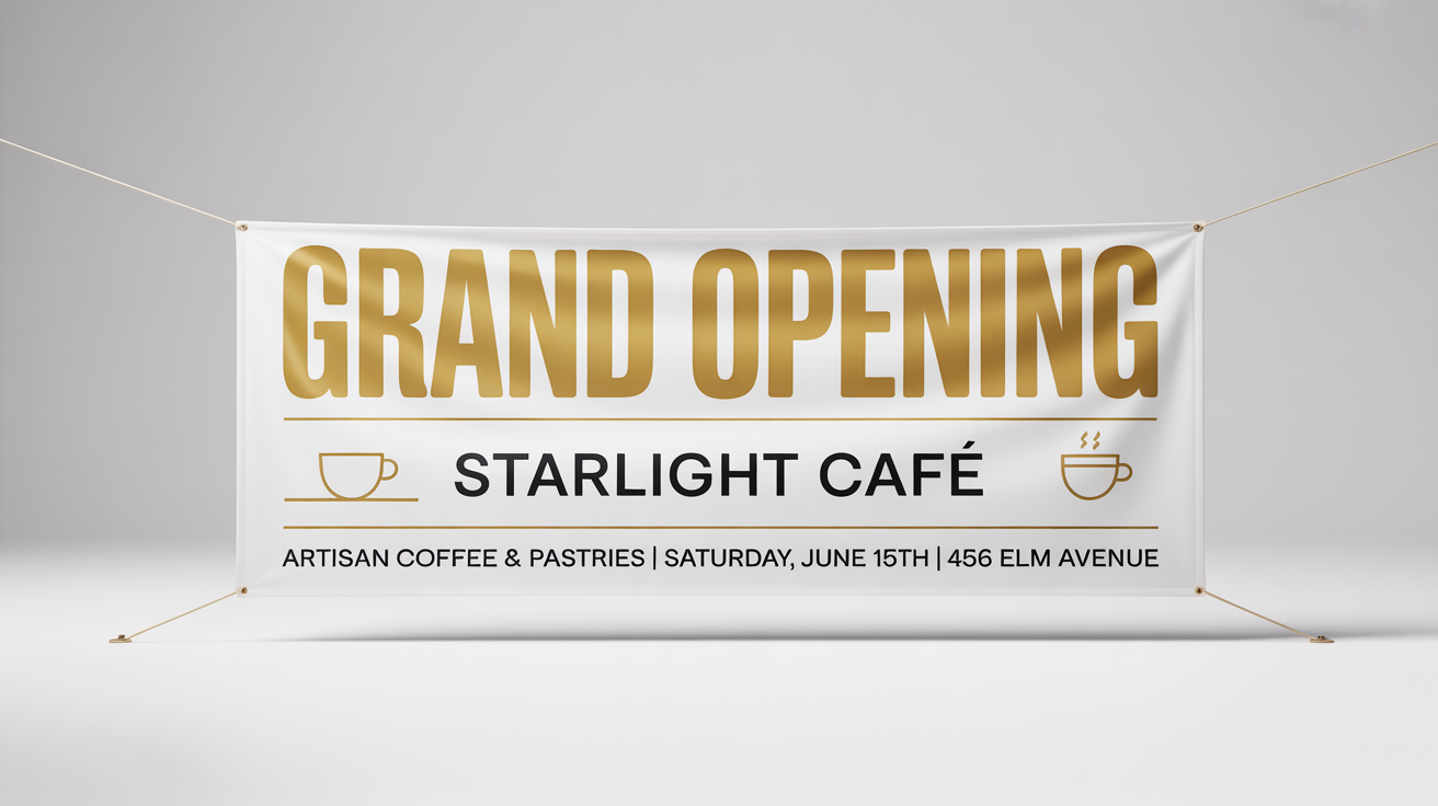 A professionally designed horizontal banner for the 'Starlight Café' grand opening, showcasing the event details against a clean white background.