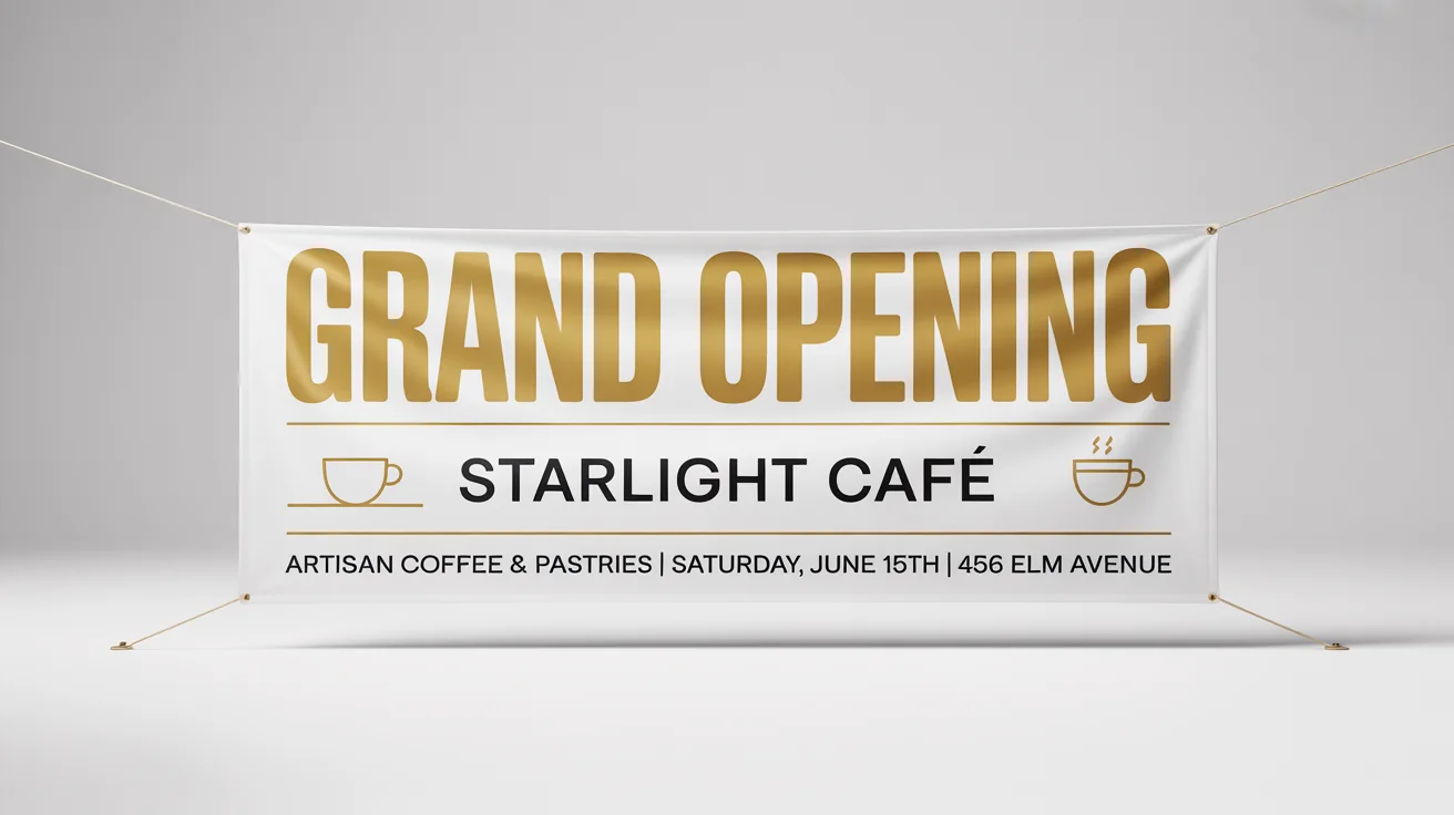A professionally designed horizontal banner for the 'Starlight Café' grand opening, showcasing the event details against a clean white background.