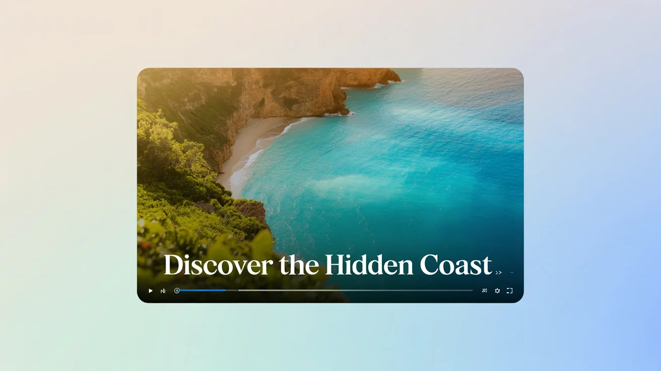 A 16:9 hero image showcasing a finished faceless video, displayed as if on a video player. The video content is a beautiful aerial shot of a tropical coastline, and a clean white subtitle at the bottom reads 'Discover the Hidden Coast'.