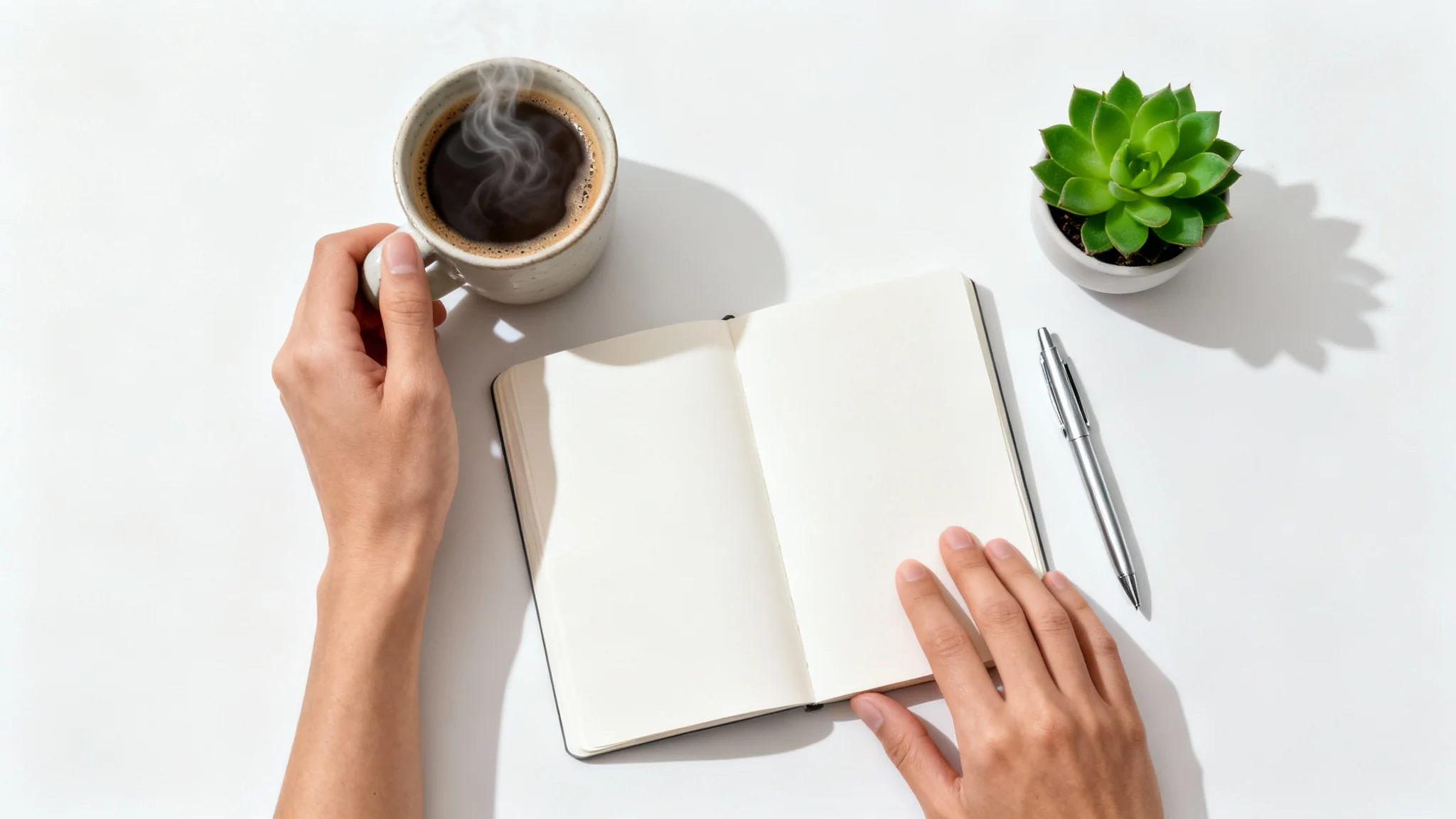 A top-down, clean, and minimalist photo showing a pair of hands arranging a coffee mug, notebook, and plant on a white desk, illustrating the concept of creating a faceless video.