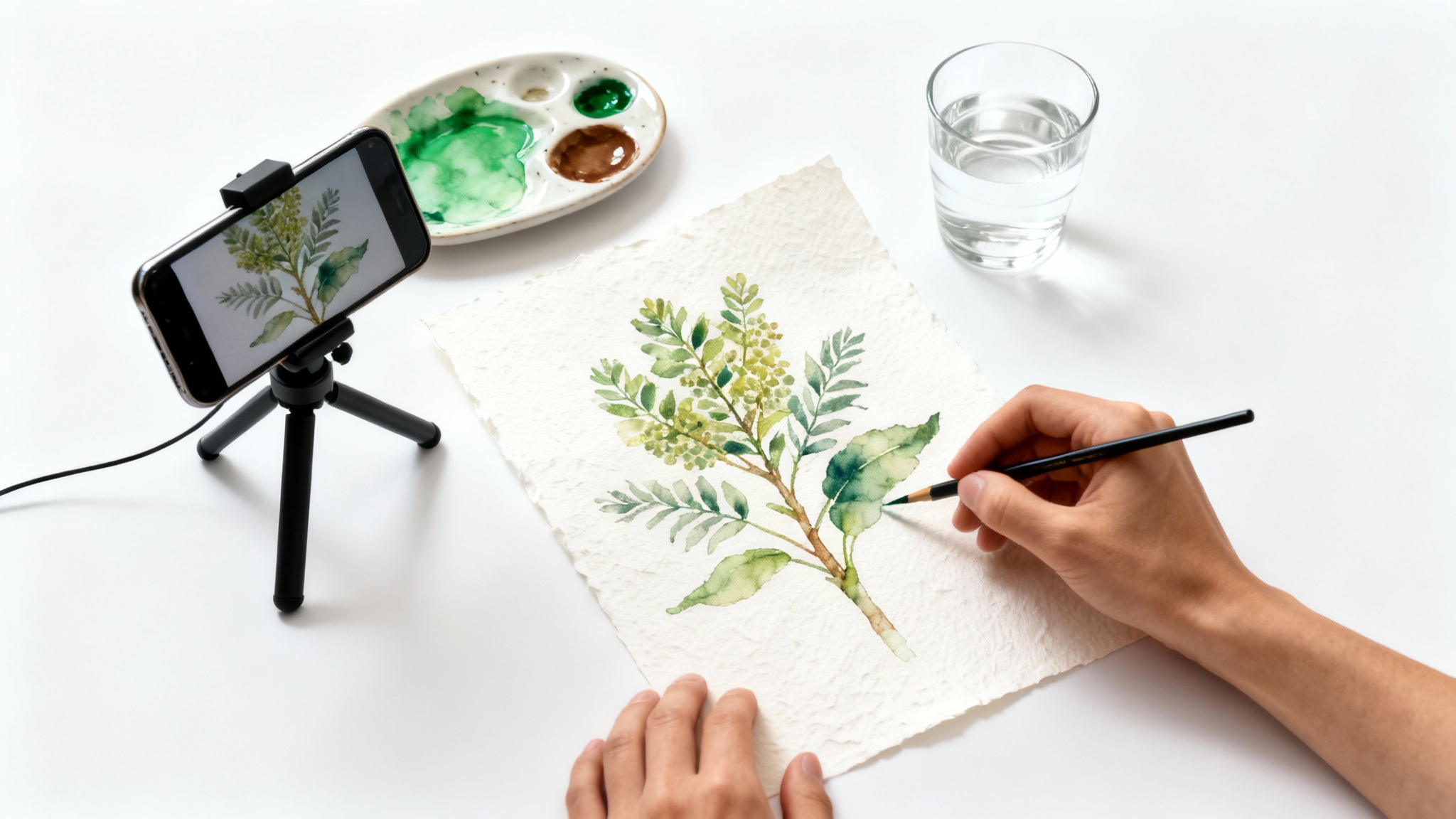 A person's hands are shown from above, painting a botanical watercolor, while a smartphone on a tripod records the process against a clean white background, illustrating the concept of a faceless video.