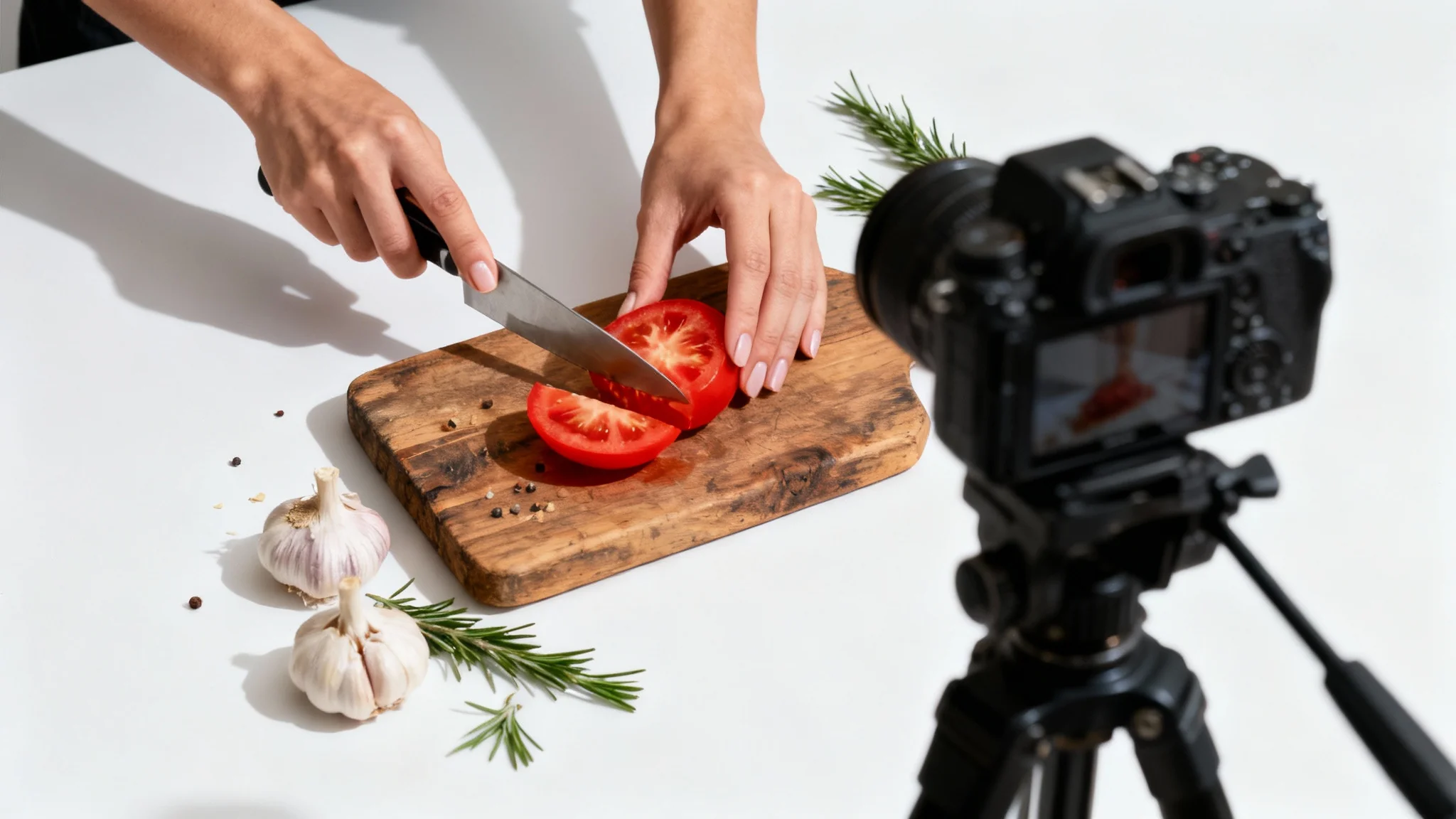 A high-angle shot of hands preparing food on a wooden board with a camera filming them, representing the creation of a faceless video against a white background.