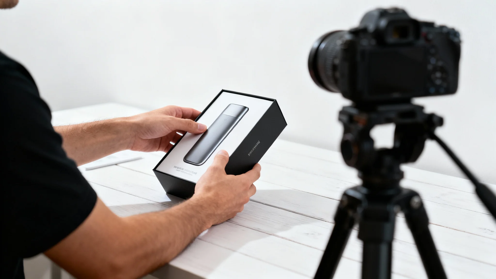 A close-up shot of a person's hands unboxing a new gadget on a white desk, with a professional camera on a tripod set up to film the scene for a faceless video.