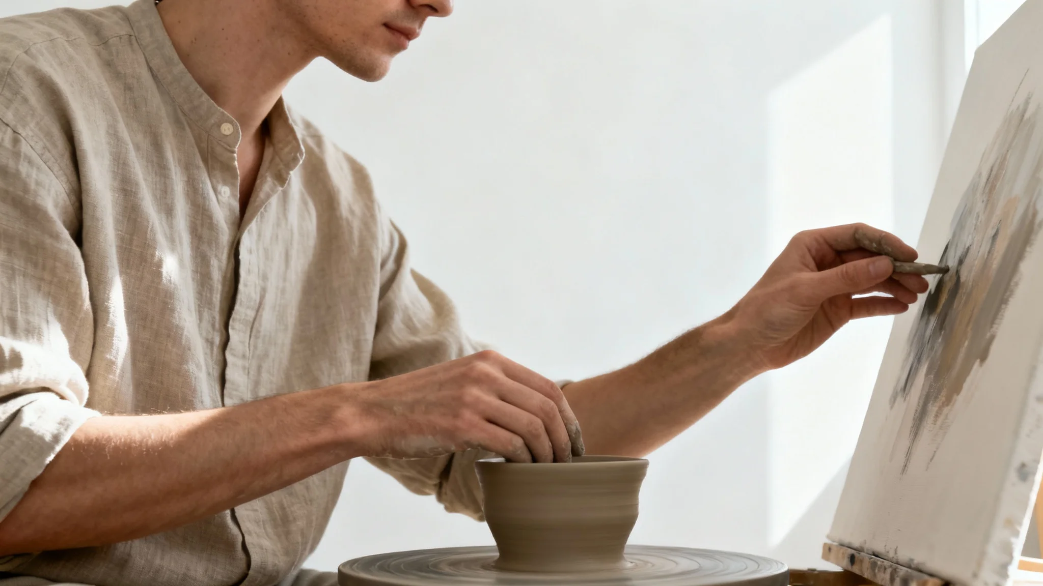 A close-up shot focusing on a person's hands engaged in a creative activity, representing the concept of a faceless video. The background is a clean, solid white.
