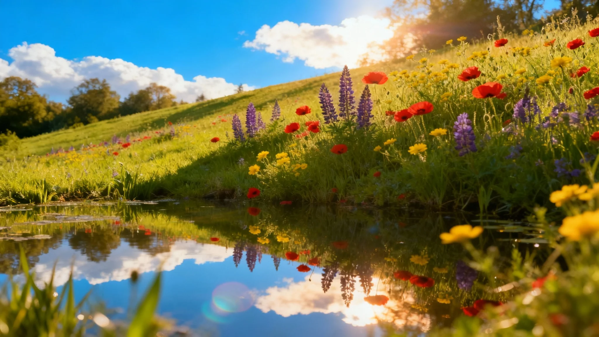 A vibrant landscape photograph showing a green meadow and a pond reflecting a perfect, bright blue sky with white clouds that has been digitally added.