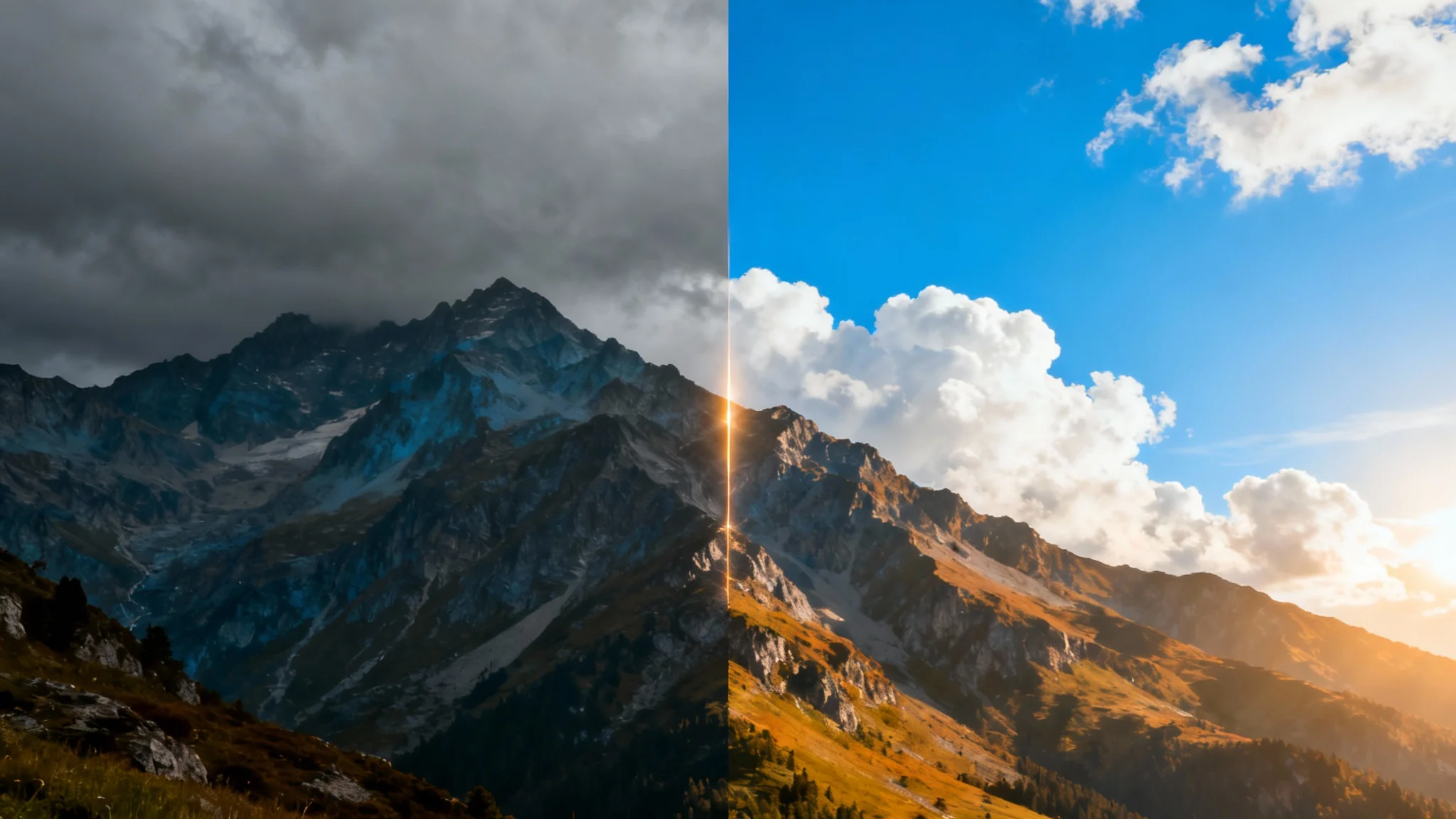 A before-and-after style photo of a mountain landscape. The left side is dark and gloomy with a grey, overcast sky, while the right side is bright and sunny with a clear blue sky.