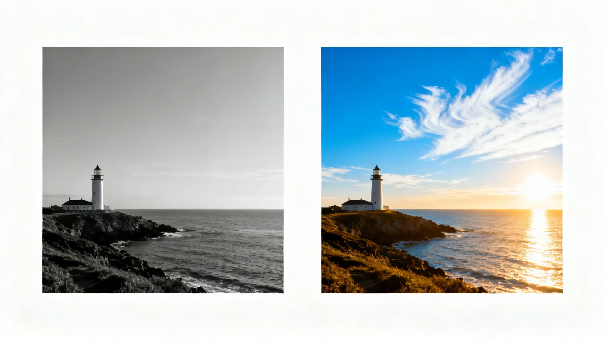 A before-and-after image demonstrating a photo editing feature. The 'before' photo shows a lighthouse under a dull, grey sky, while the 'after' photo shows the same scene with a beautiful, bright blue sky.