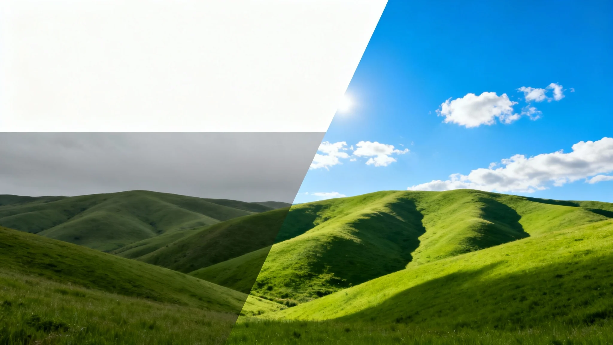 A before-and-after comparison image showing a landscape photo being transformed. One half shows the scene with a dull, gray sky, while the other half shows the same scene with a vibrant, clear blue sky.
