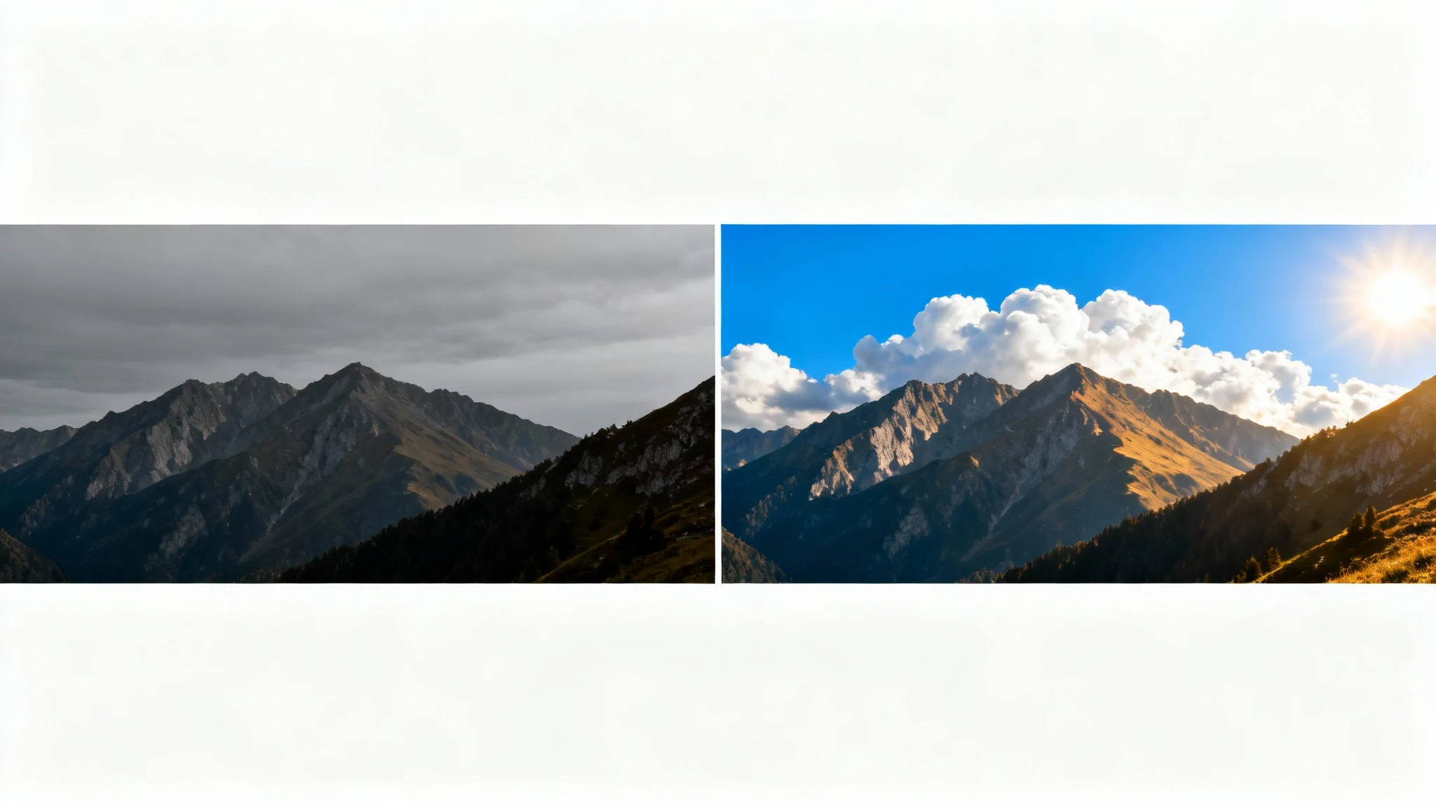A before-and-after image demonstrating a photo editing feature. The left half shows a mountain range under a gloomy, grey sky, while the right half shows the same scene edited to have a bright, clear blue sky.