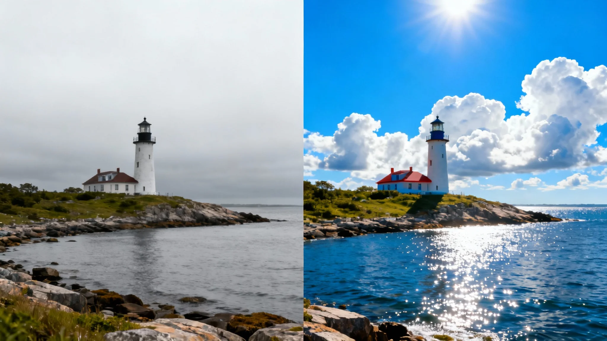 A before-and-after split image demonstrating a photo editing feature. The left side shows a coastal scene with a lighthouse under a dull, grey sky. The right side shows the same scene with a beautiful, clear blue sky added.