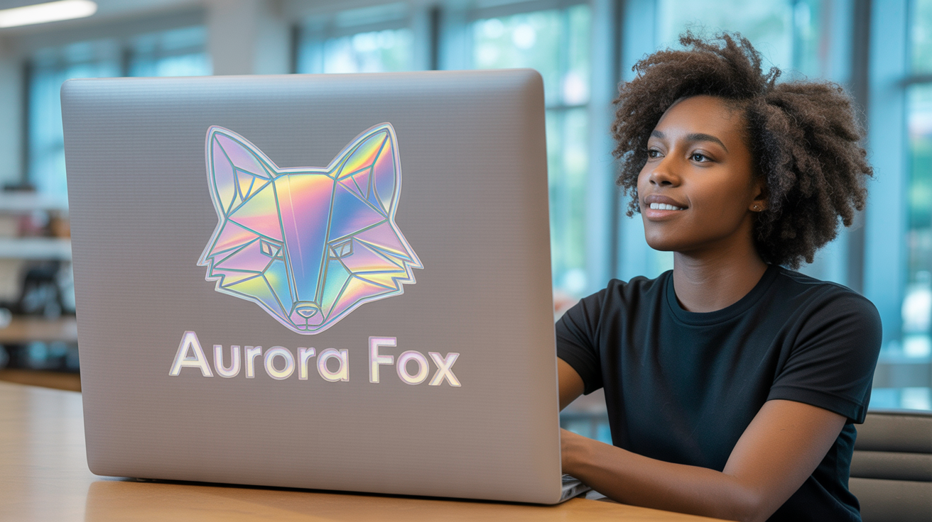 A photorealistic mockup of a die-cut sticker with a holographic finish, showing a geometric fox head design. The sticker reflects a rainbow of colors and is placed on a clean, light-gray background.